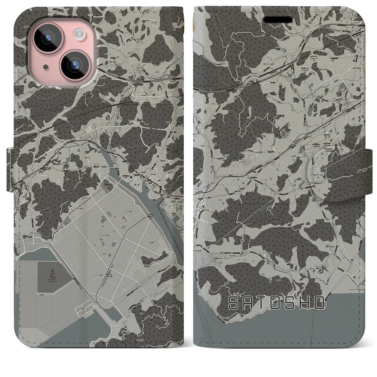 【里庄(岡山県)】地図柄iPhoneケース(手帳タイプ)モノトーン・iPhone 15 Plus 用