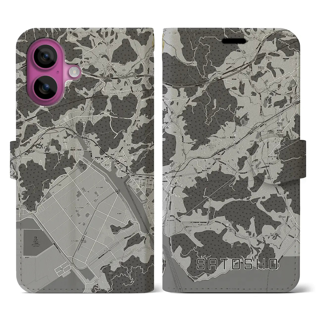 【里庄(岡山県)】地図柄iPhoneケース(手帳タイプ)モノトーン・iPhone 16 Pro 用