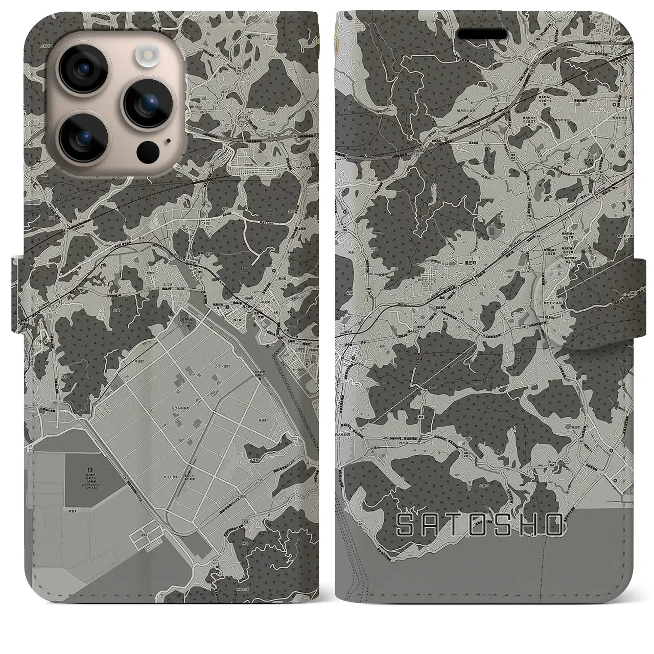 【里庄(岡山県)】地図柄iPhoneケース(手帳タイプ)モノトーン・iPhone 16 Plus 用