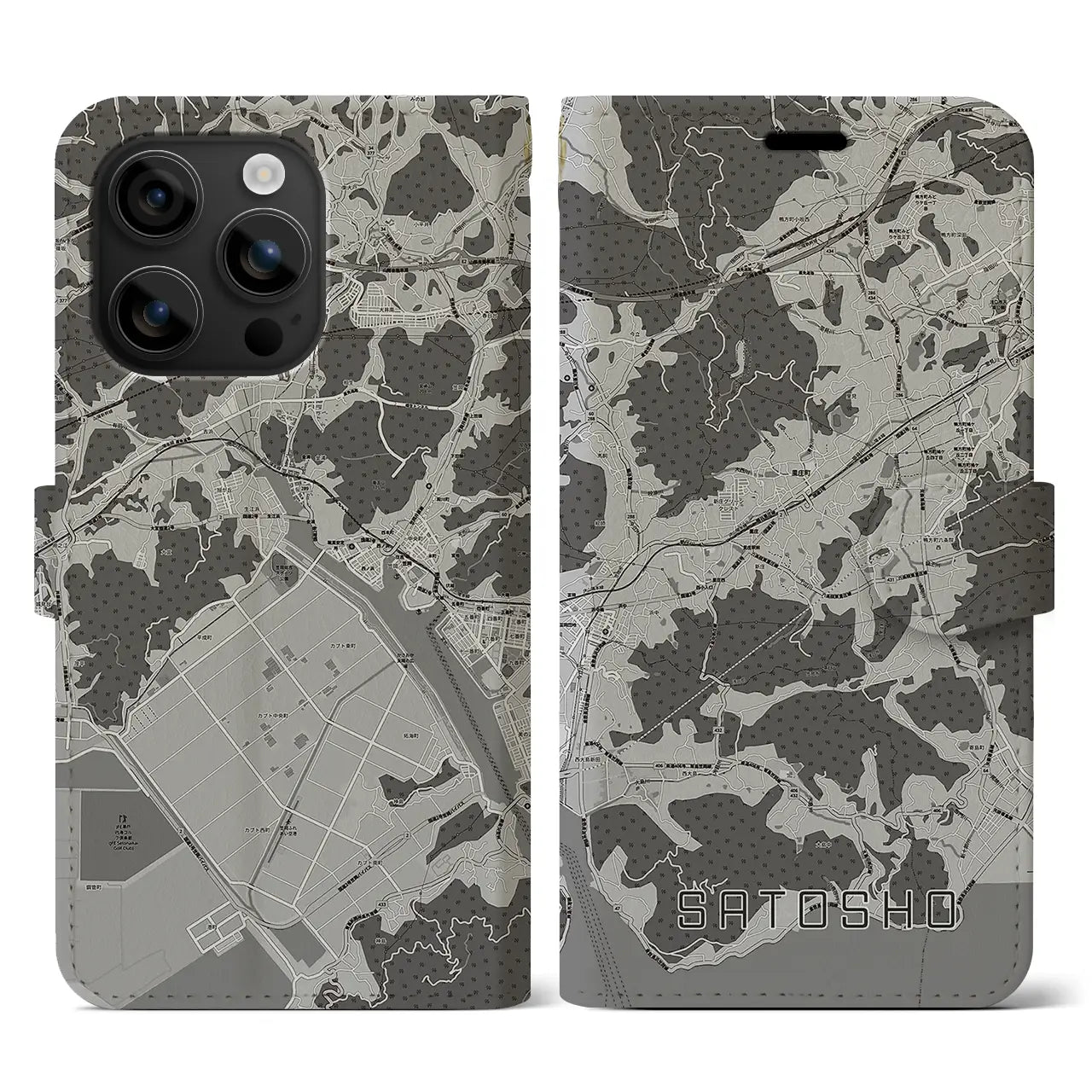 【里庄(岡山県)】地図柄iPhoneケース(手帳タイプ)モノトーン・iPhone 16 用