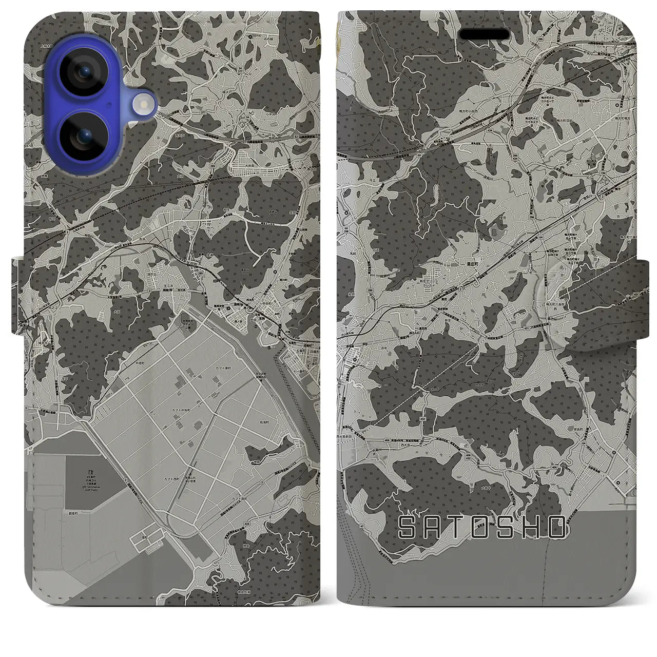 【里庄(岡山県)】地図柄iPhoneケース(手帳タイプ)モノトーン・iPhone 16 Pro Max 用