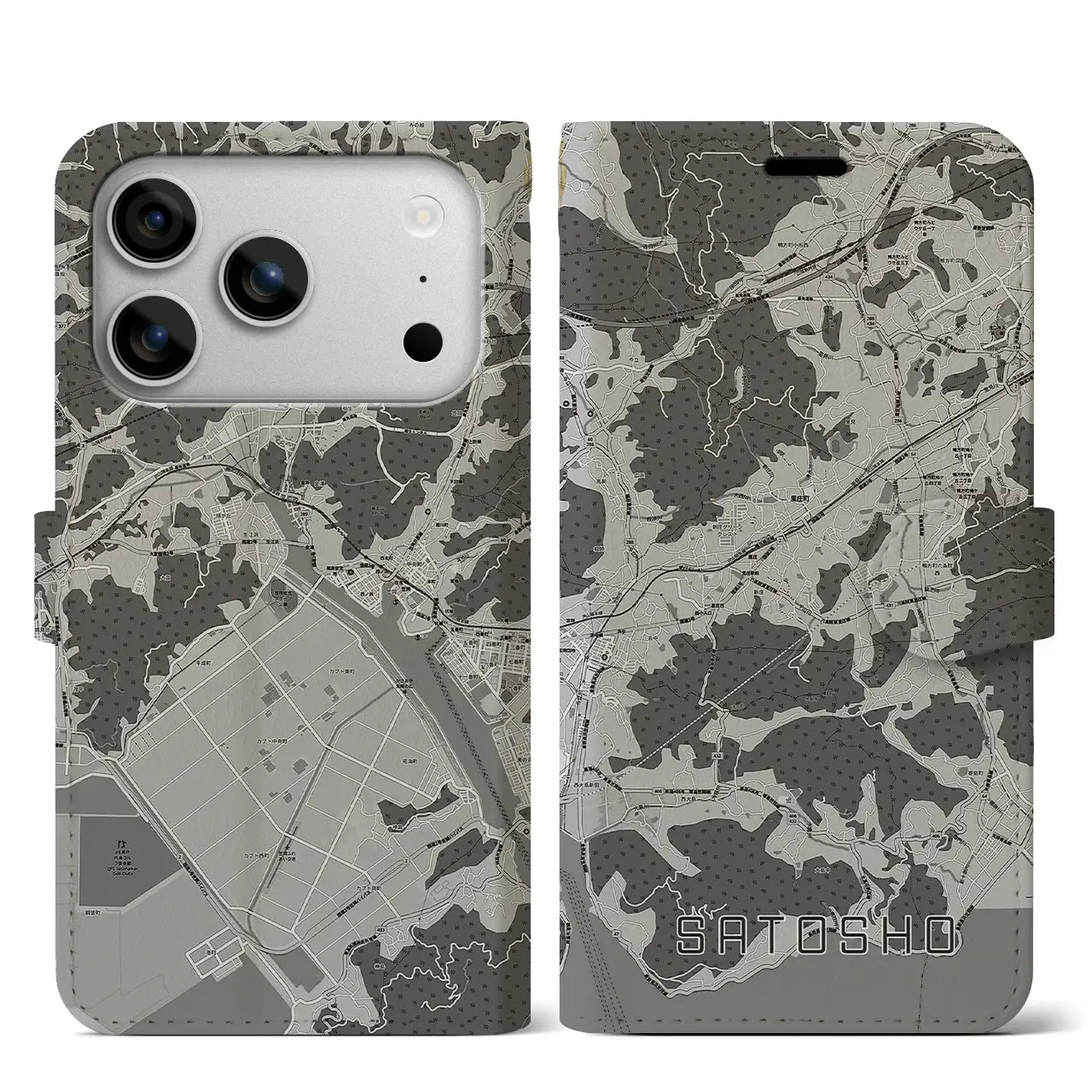 【里庄(岡山県)】地図柄iPhoneケース(手帳タイプ)