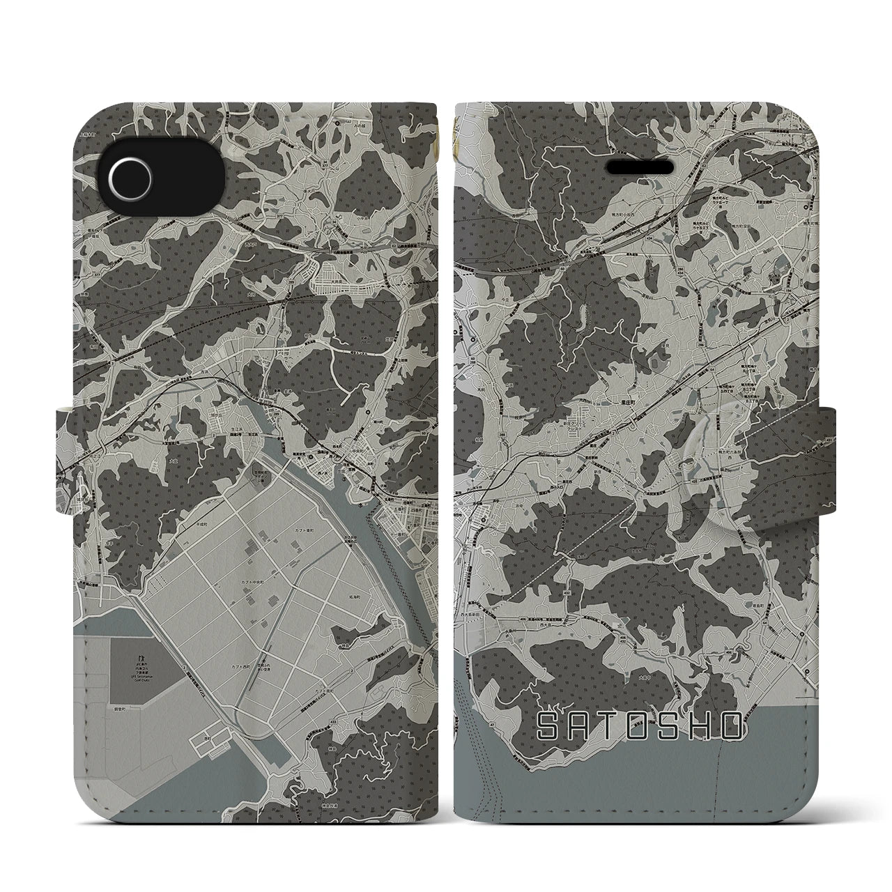 【里庄(岡山県)】地図柄iPhoneケース(手帳タイプ)モノトーン・iPhone SE(第3 / 第2世代) / 8 / 7 / 6s / 6 用