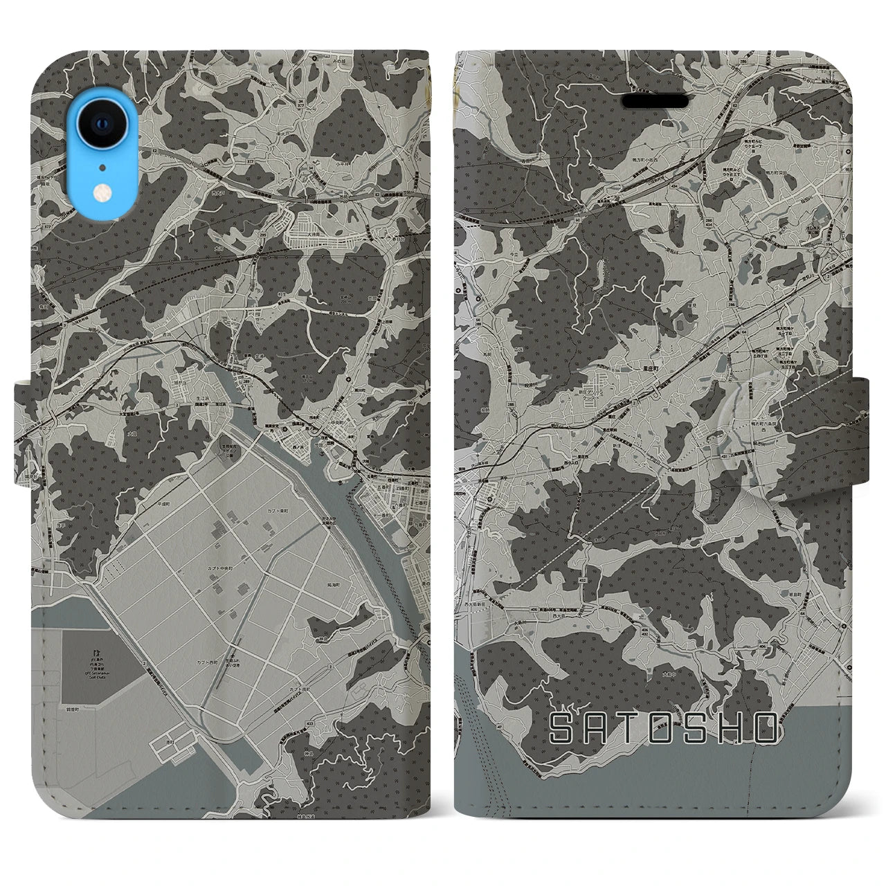【里庄(岡山県)】地図柄iPhoneケース(手帳タイプ)モノトーン・iPhone XR 用