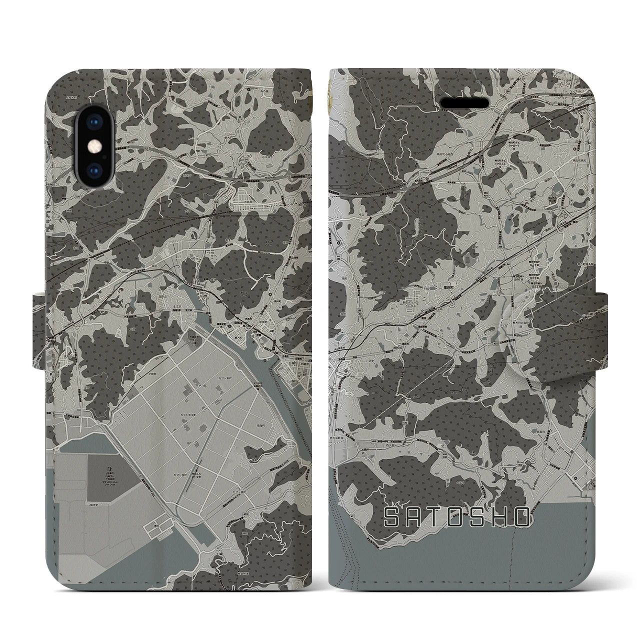 【里庄(岡山県)】地図柄iPhoneケース(手帳タイプ)モノトーン・iPhone XS / X 用