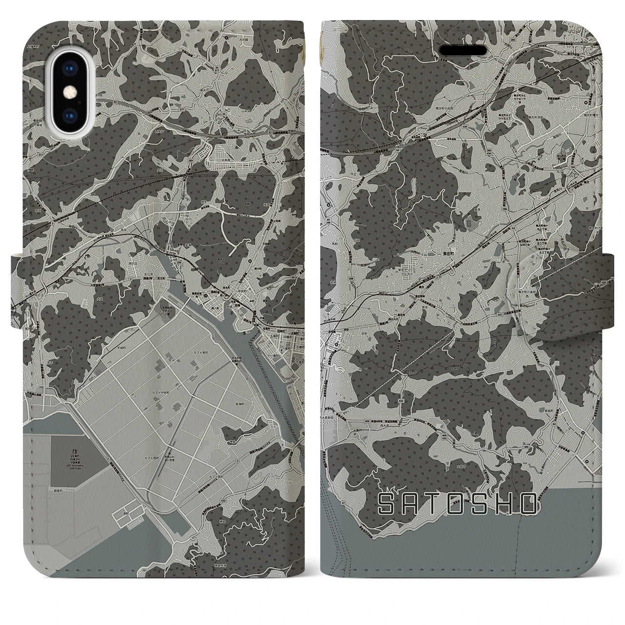 【里庄(岡山県)】地図柄iPhoneケース(手帳タイプ)モノトーン・iPhone XS Max 用