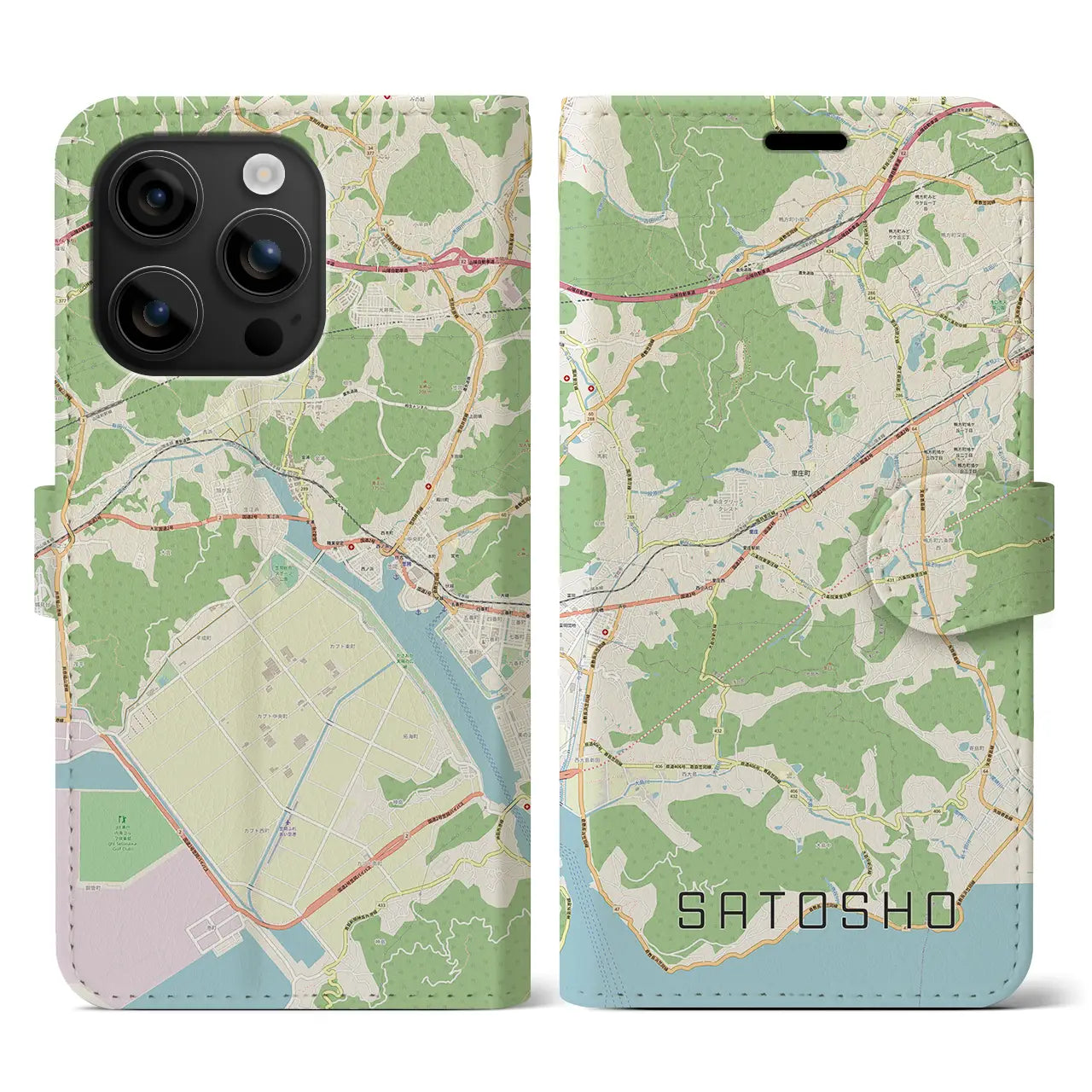 【里庄(岡山県)】地図柄iPhoneケース(手帳タイプ)ナチュラル・iPhone 16 用