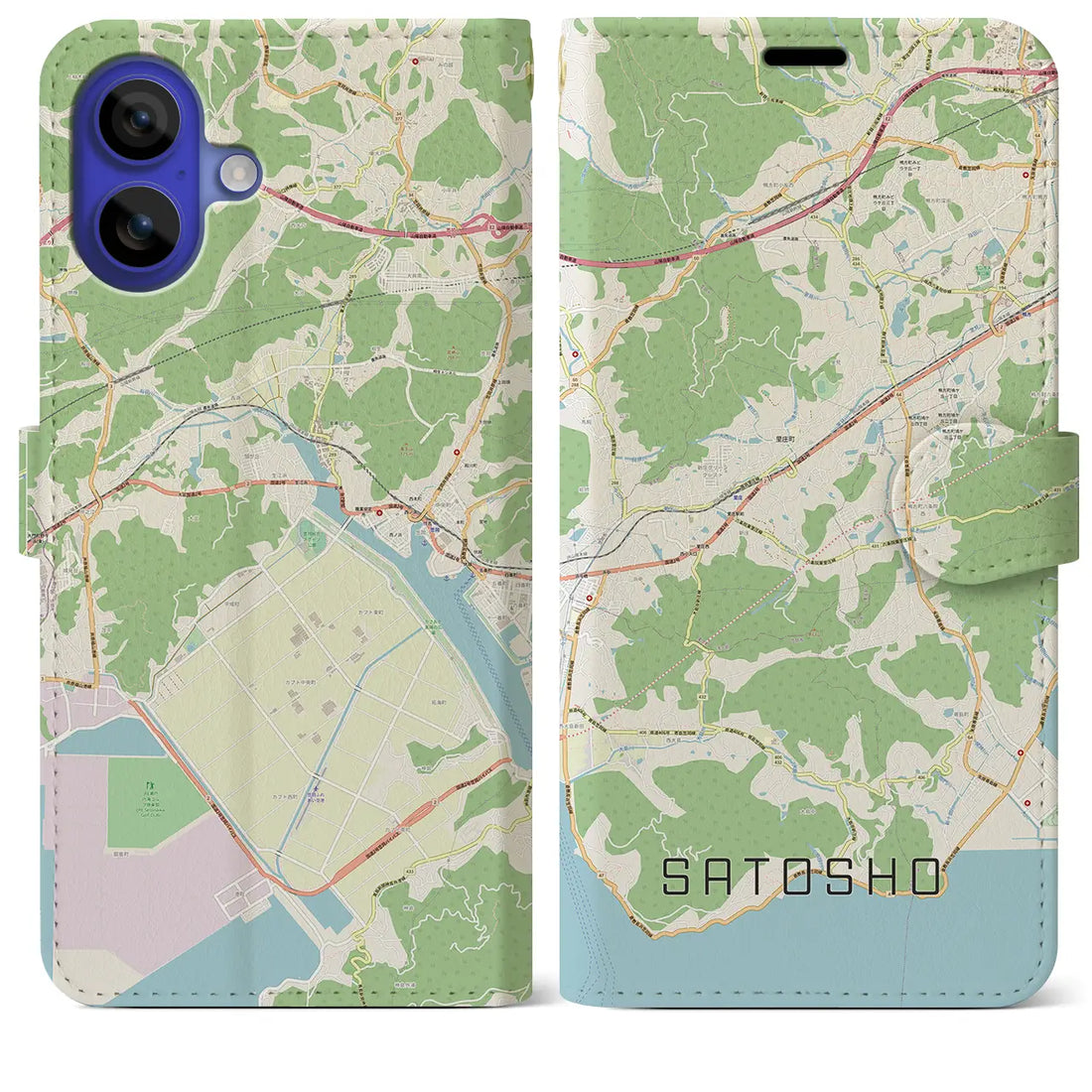 【里庄(岡山県)】地図柄iPhoneケース(手帳タイプ)ナチュラル・iPhone 16 Pro Max 用