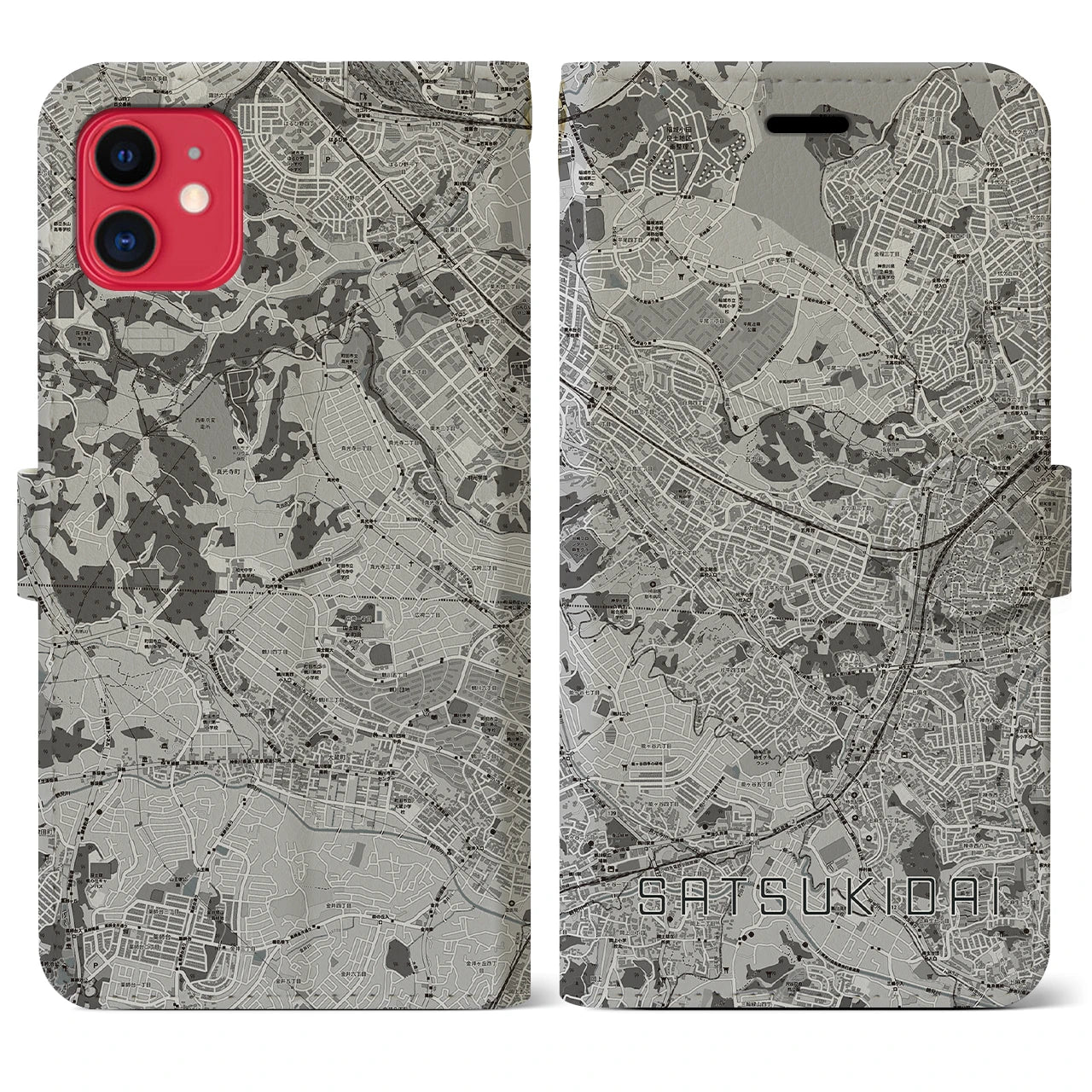 【五月台(神奈川県)】地図柄iPhoneケース(手帳タイプ)モノトーン・iPhone 11 用