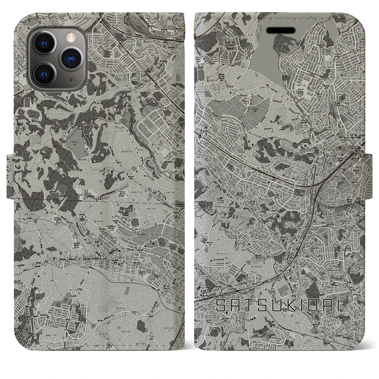 【五月台(神奈川県)】地図柄iPhoneケース(手帳タイプ)モノトーン・iPhone 11 Pro Max 用
