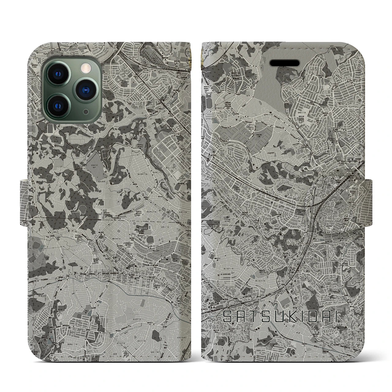 【五月台(神奈川県)】地図柄iPhoneケース(手帳タイプ)モノトーン・iPhone 11 Pro 用
