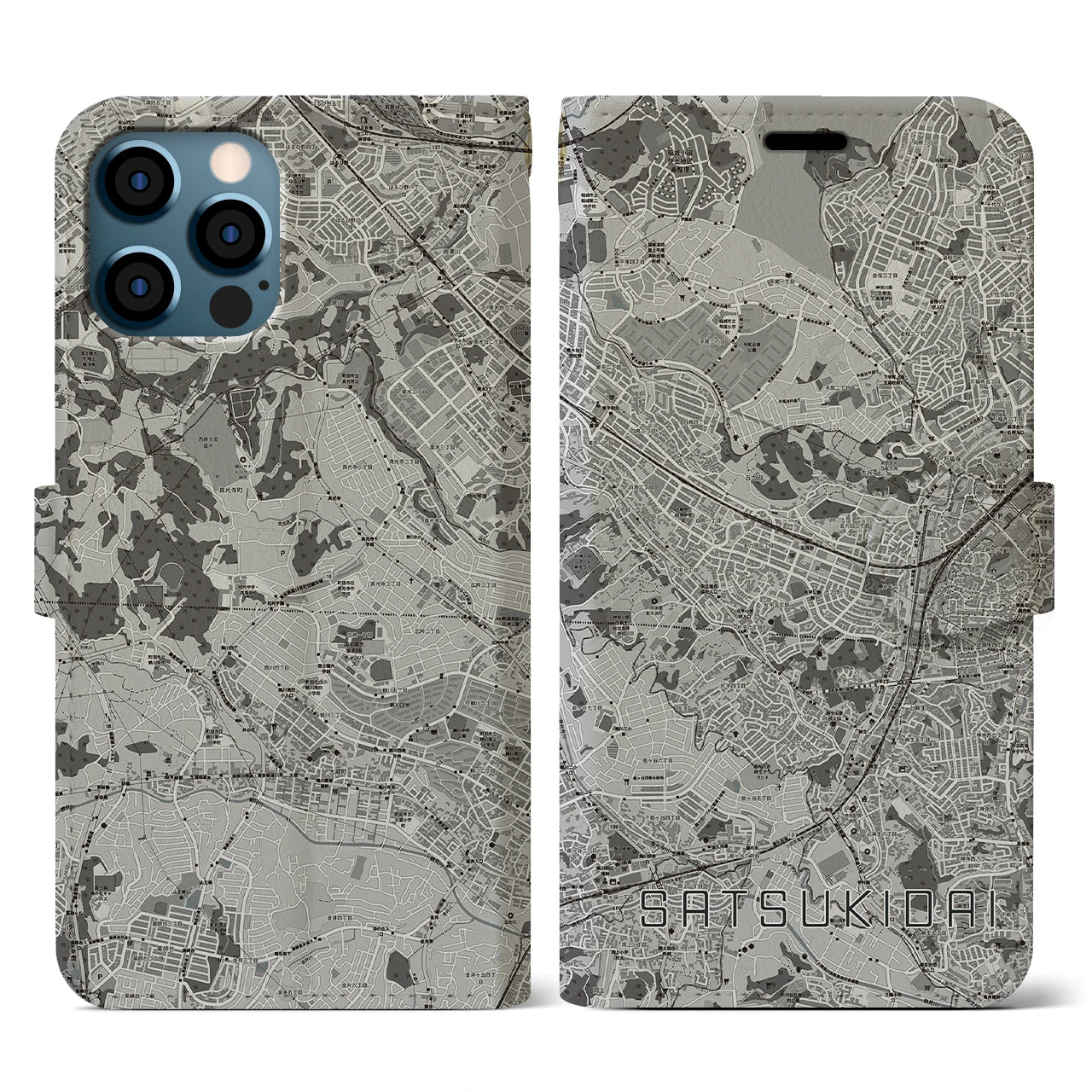 【五月台(神奈川県)】地図柄iPhoneケース(手帳タイプ)モノトーン・iPhone 12 / 12 Pro 用