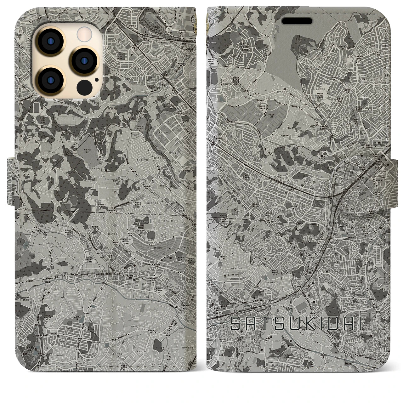 【五月台(神奈川県)】地図柄iPhoneケース(手帳タイプ)モノトーン・iPhone 12 Pro Max 用