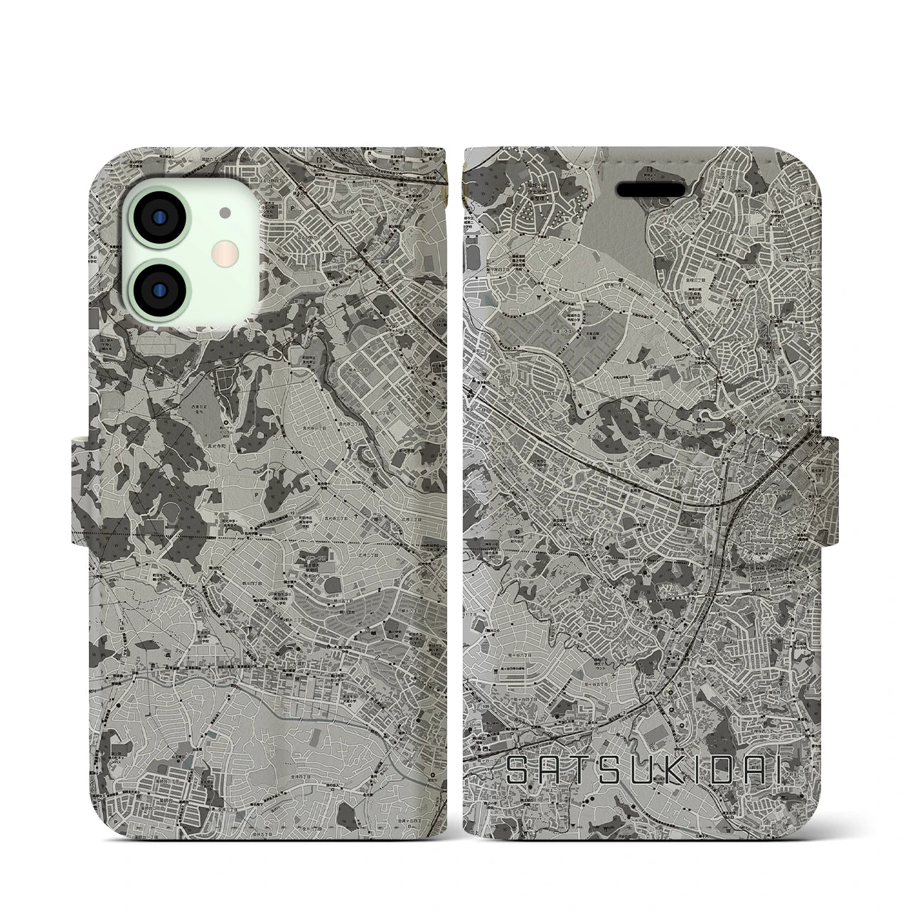 【五月台(神奈川県)】地図柄iPhoneケース(手帳タイプ)モノトーン・iPhone 12 mini 用