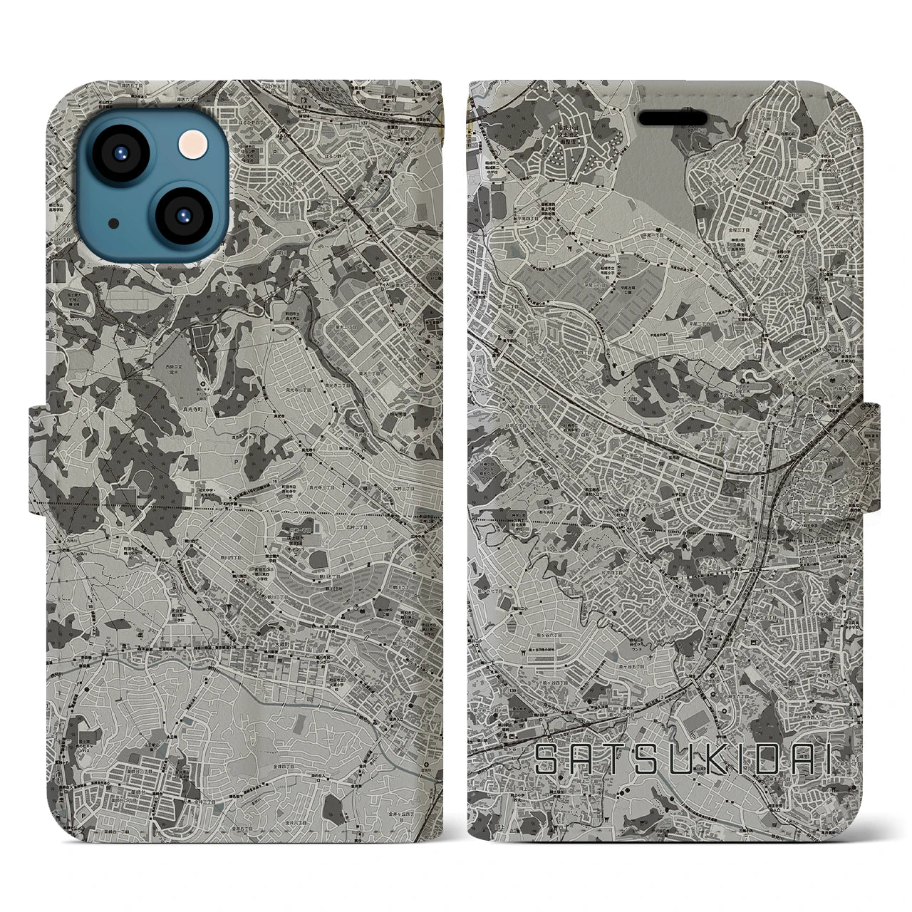 【五月台(神奈川県)】地図柄iPhoneケース(手帳タイプ)モノトーン・iPhone 13 用
