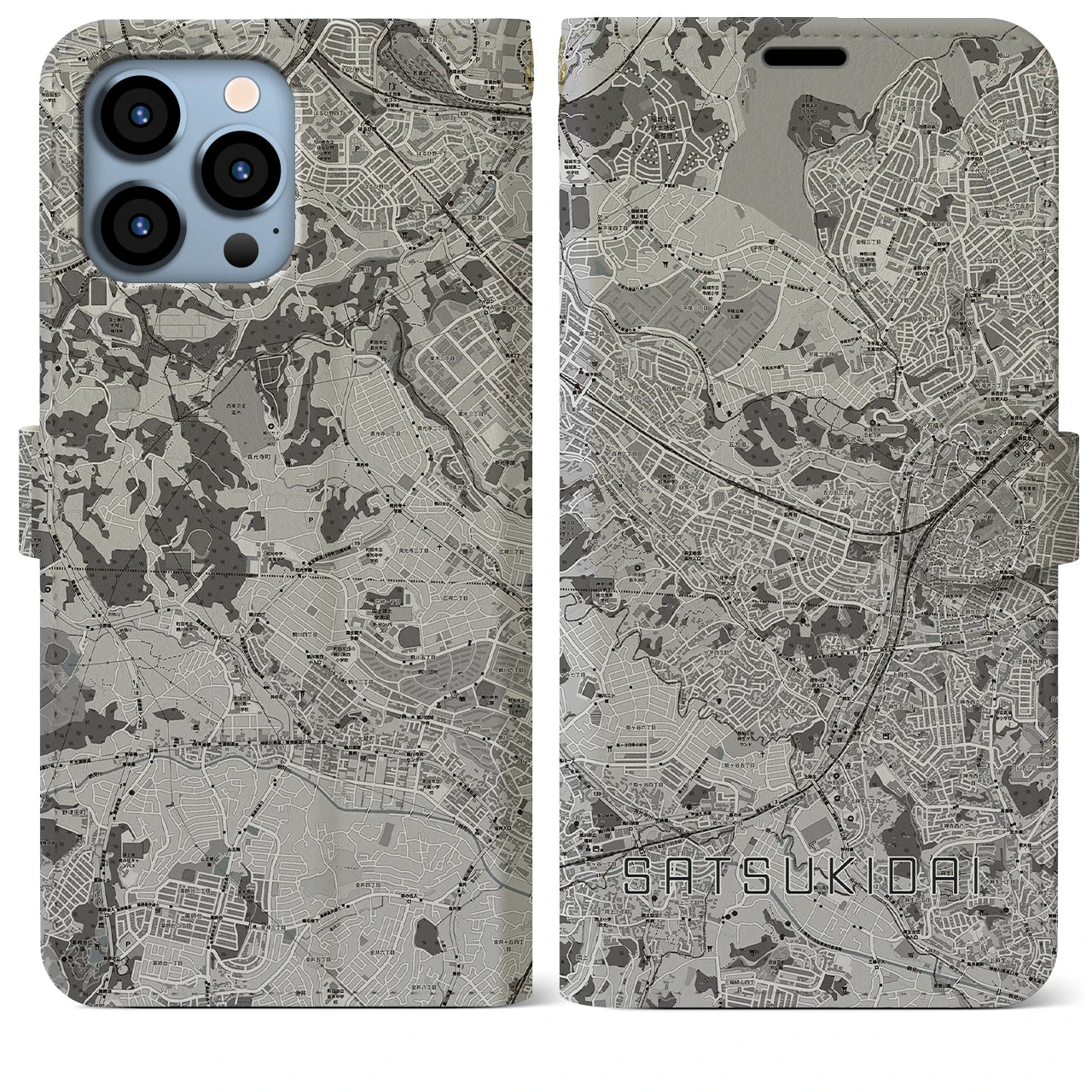 【五月台(神奈川県)】地図柄iPhoneケース(手帳タイプ)モノトーン・iPhone 13 Pro Max 用