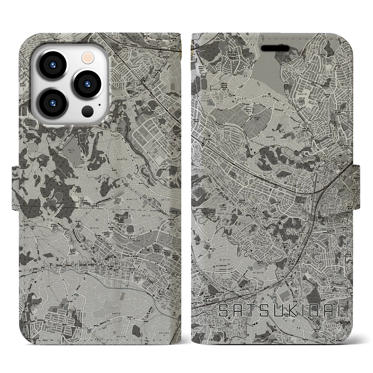 【五月台(神奈川県)】地図柄iPhoneケース(手帳タイプ)モノトーン・iPhone 13 Pro 用