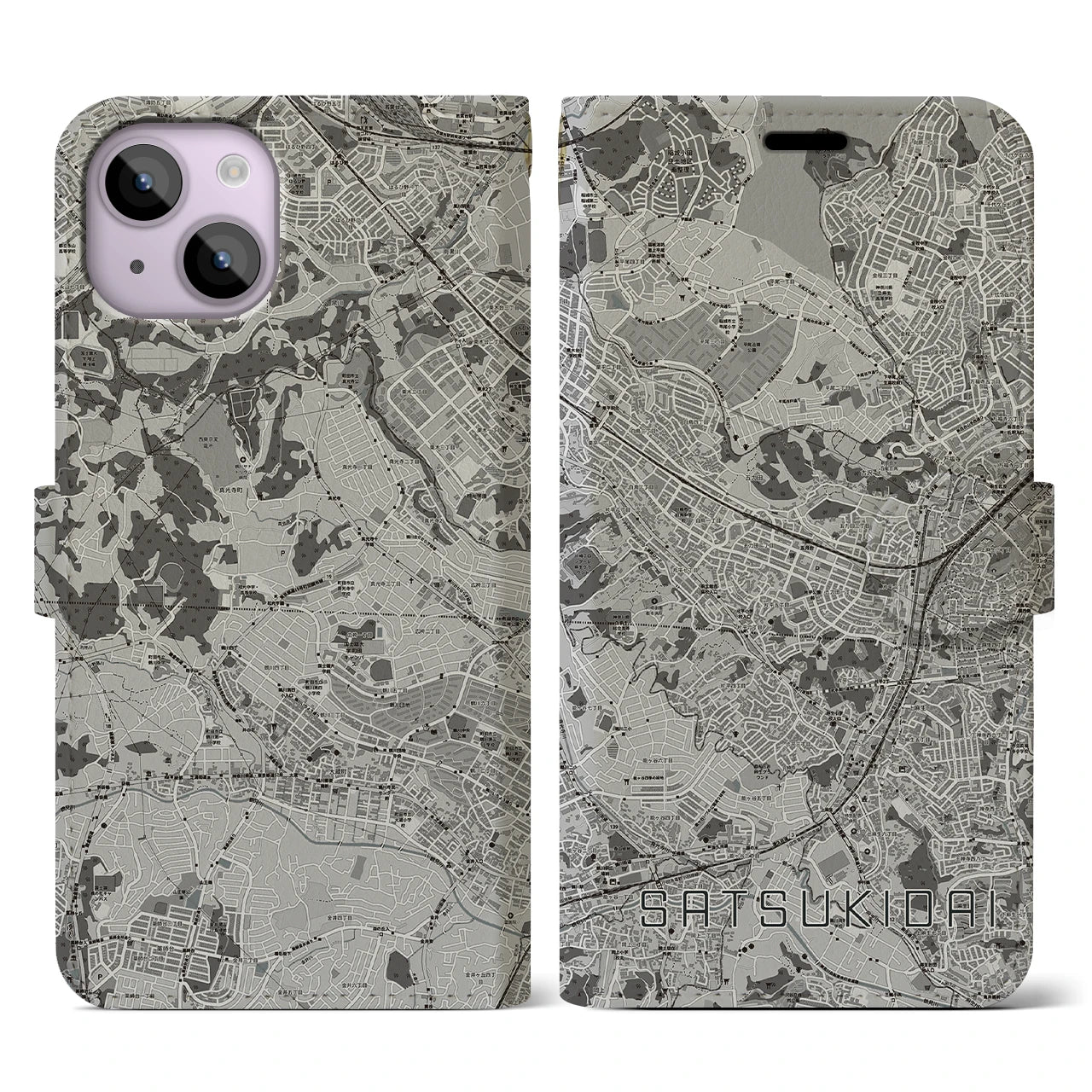 【五月台(神奈川県)】地図柄iPhoneケース(手帳タイプ)モノトーン・iPhone 14 用