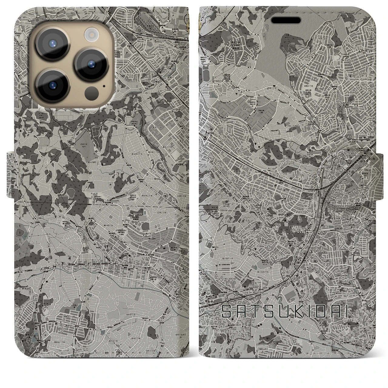 【五月台(神奈川県)】地図柄iPhoneケース(手帳タイプ)モノトーン・iPhone 14 Pro Max 用