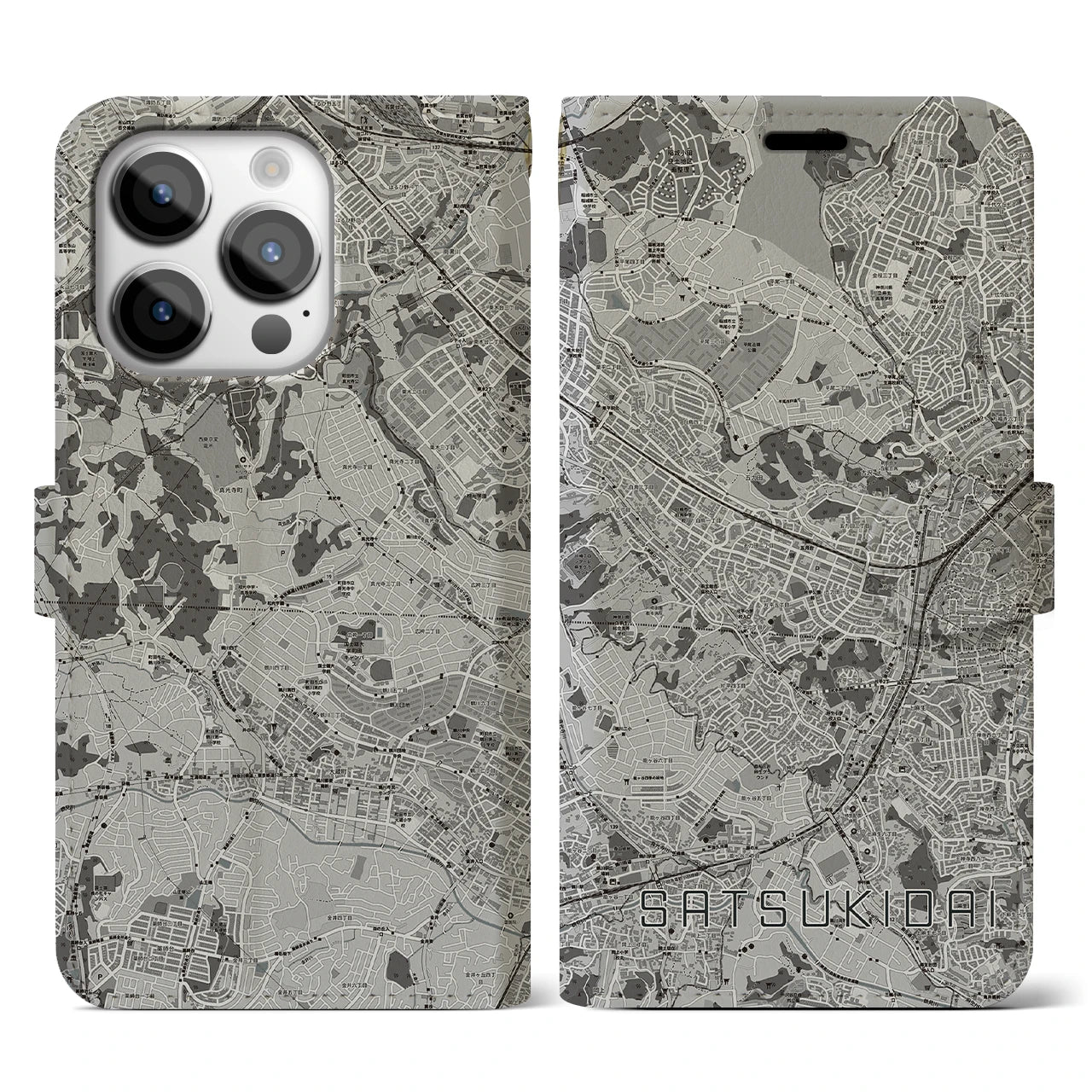【五月台(神奈川県)】地図柄iPhoneケース(手帳タイプ)モノトーン・iPhone 14 Pro 用