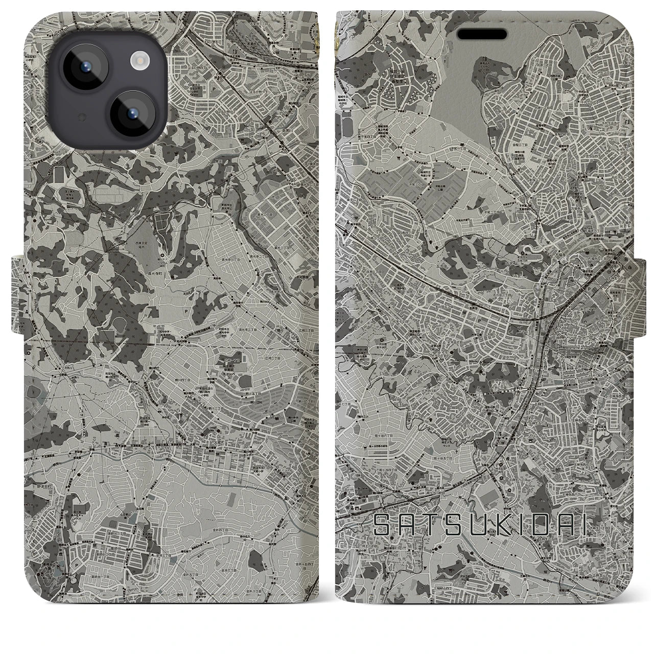【五月台(神奈川県)】地図柄iPhoneケース(手帳タイプ)モノトーン・iPhone 14 Plus 用