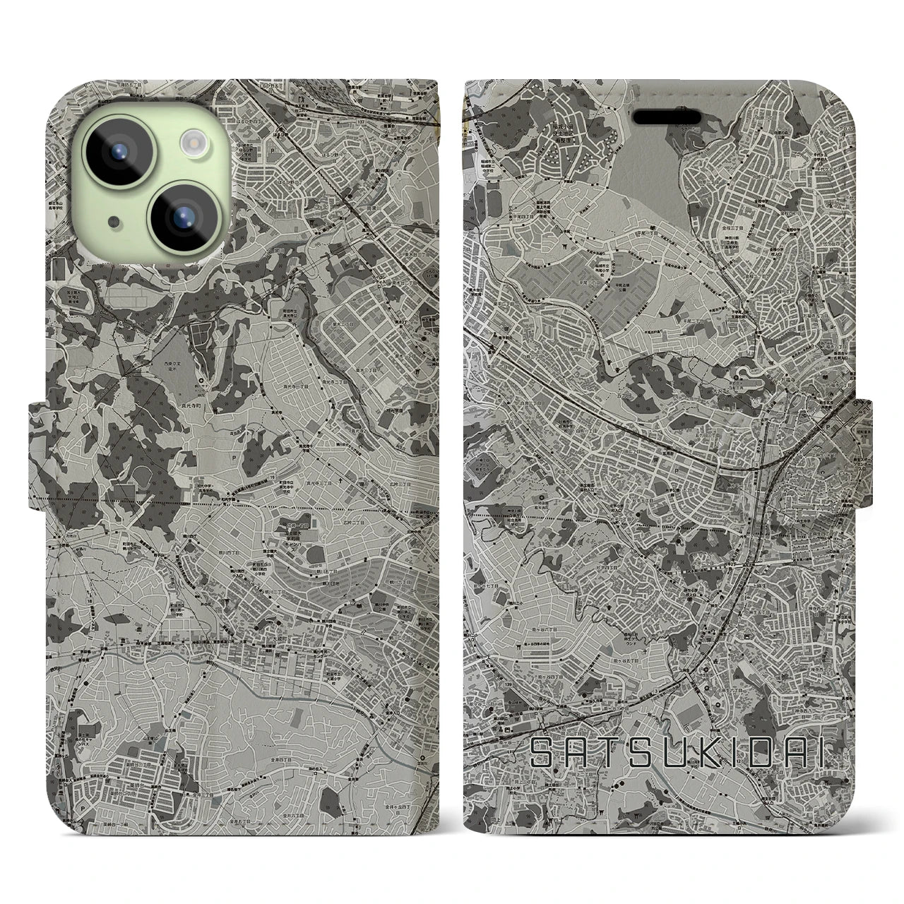 【五月台(神奈川県)】地図柄iPhoneケース(手帳タイプ)モノトーン・iPhone 15 用