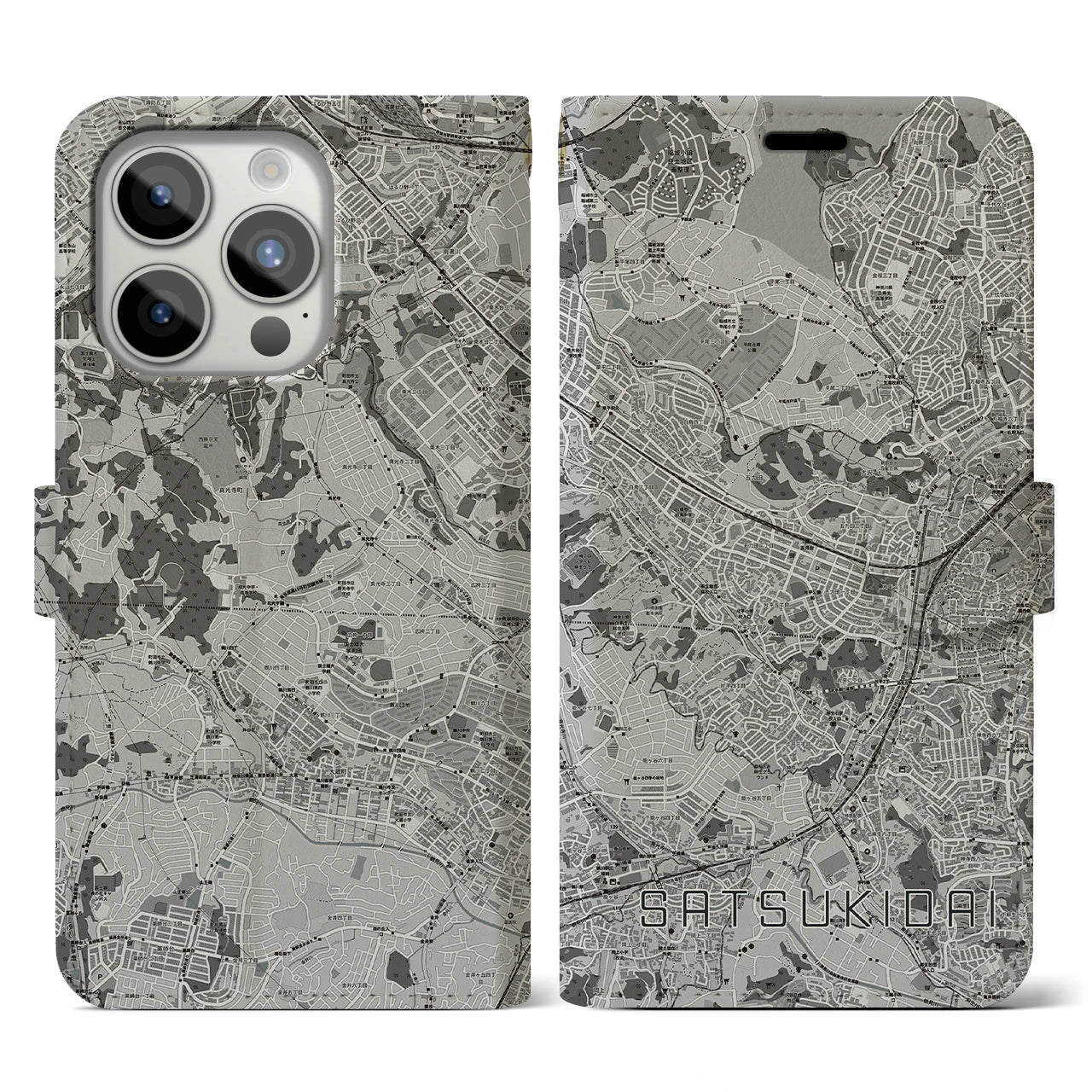 【五月台(神奈川県)】地図柄iPhoneケース(手帳タイプ)モノトーン・iPhone 15 Pro 用