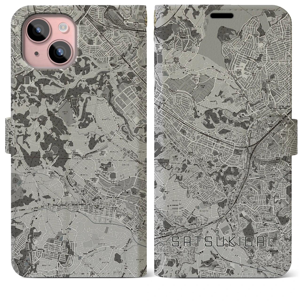 【五月台(神奈川県)】地図柄iPhoneケース(手帳タイプ)モノトーン・iPhone 15 Plus 用