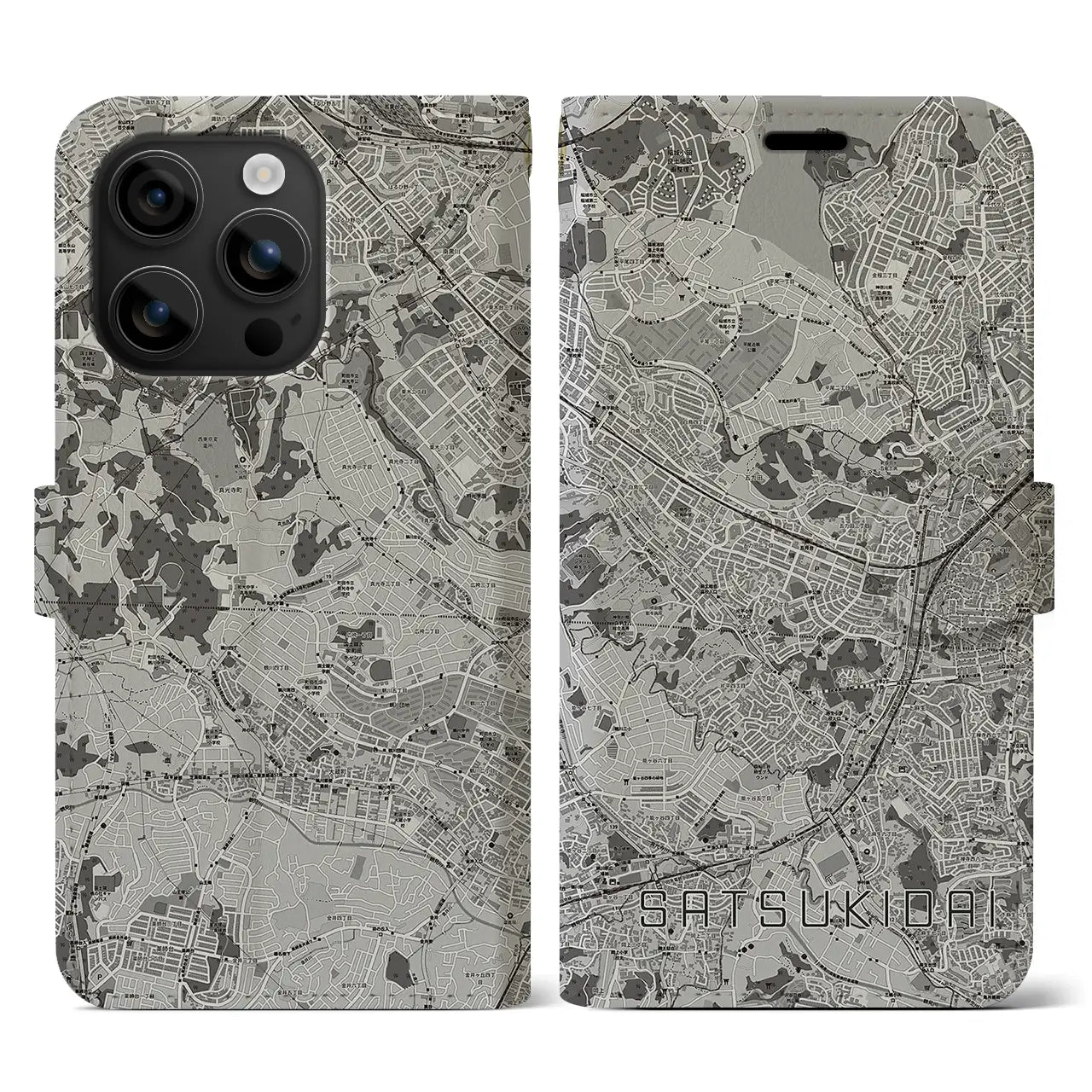 【五月台(神奈川県)】地図柄iPhoneケース(手帳タイプ)モノトーン・iPhone 16 用