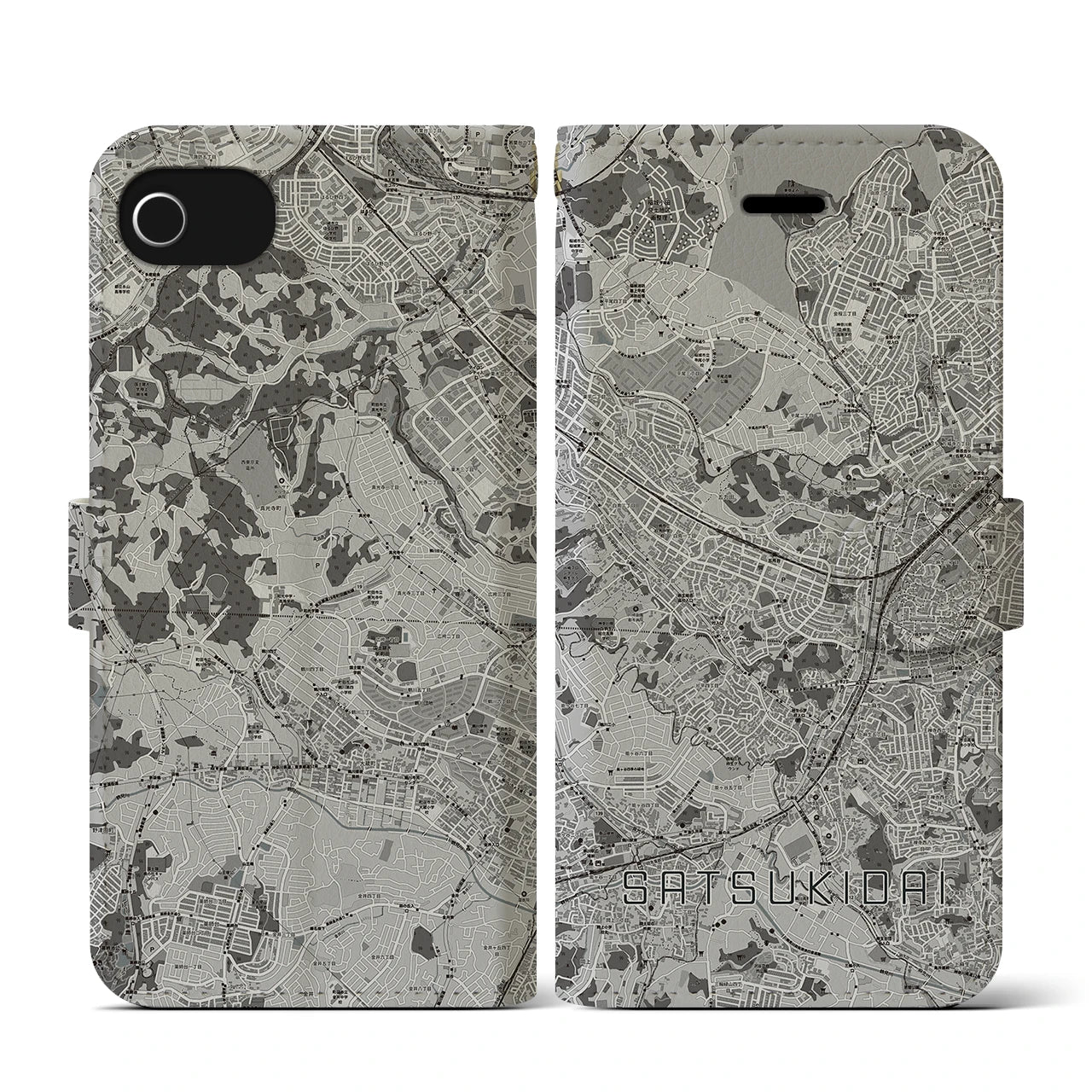 【五月台(神奈川県)】地図柄iPhoneケース(手帳タイプ)モノトーン・iPhone SE(第3 / 第2世代) / 8 / 7 / 6s / 6 用