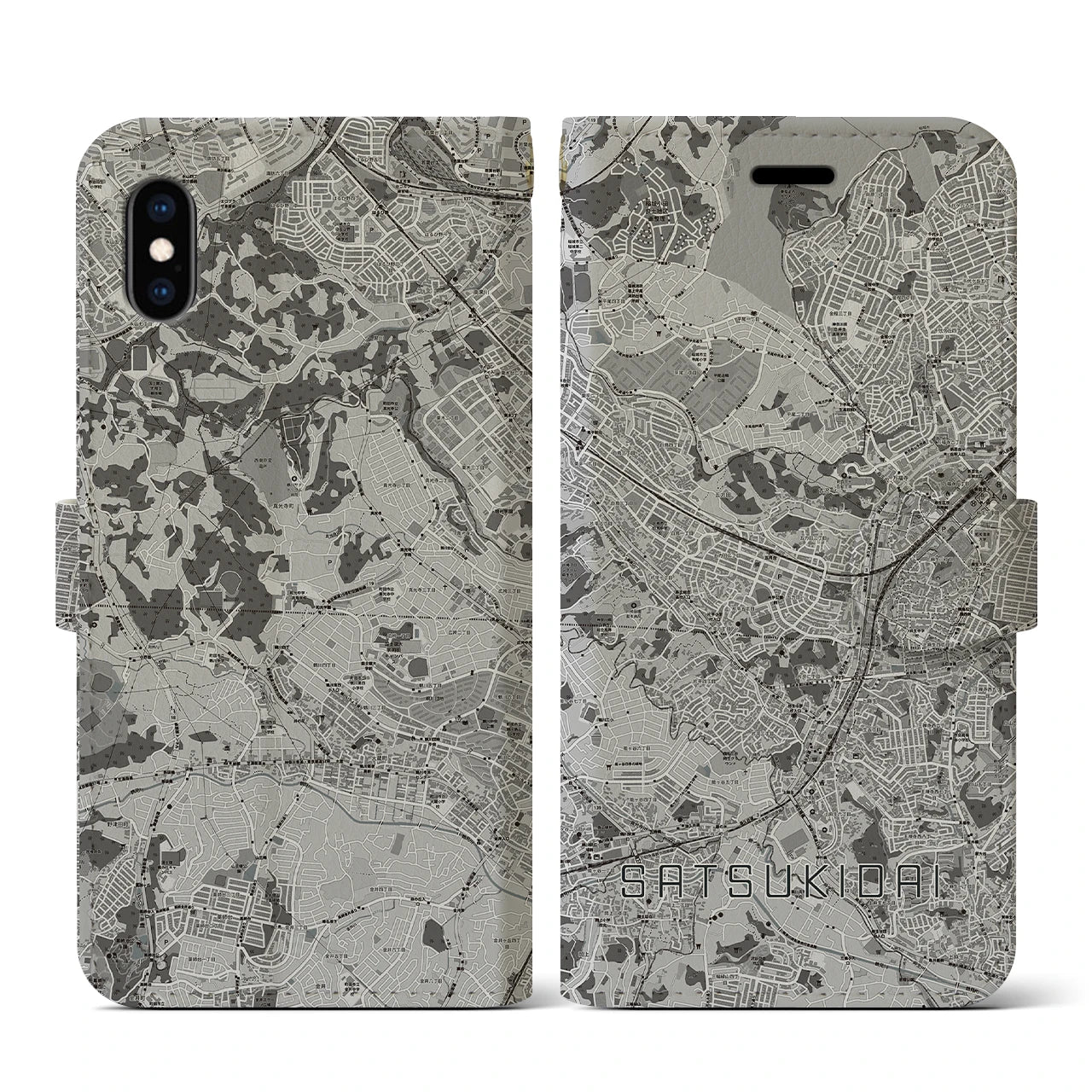 【五月台(神奈川県)】地図柄iPhoneケース(手帳タイプ)モノトーン・iPhone XS / X 用