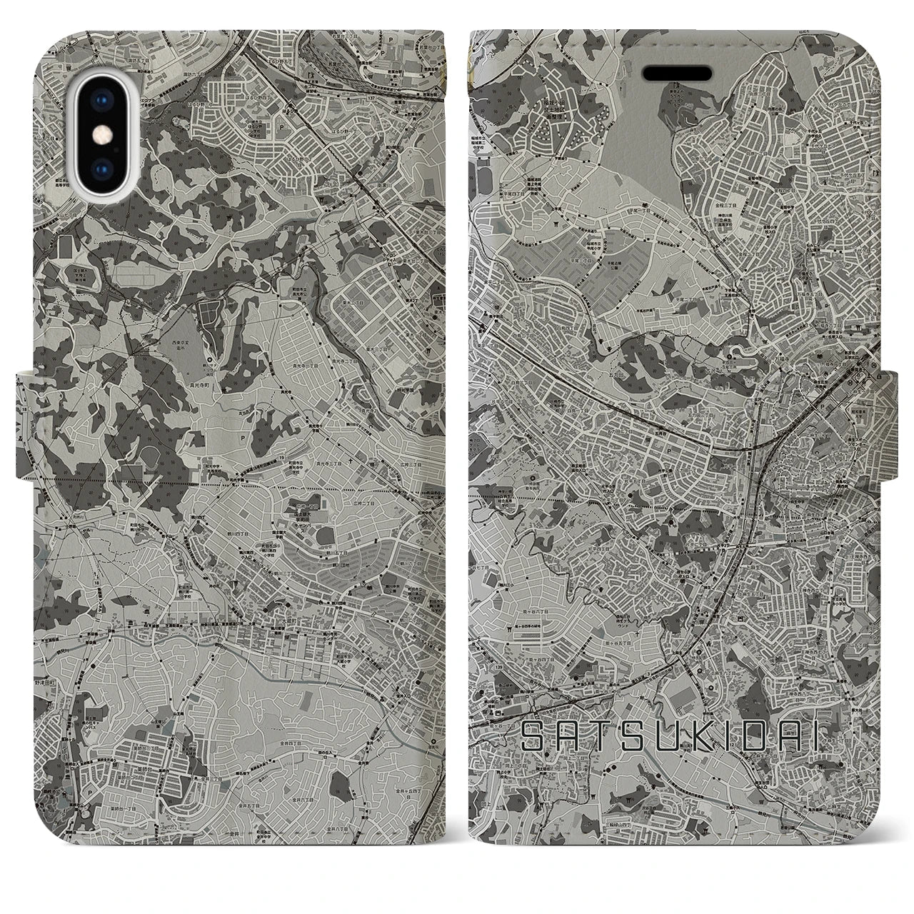 【五月台(神奈川県)】地図柄iPhoneケース(手帳タイプ)モノトーン・iPhone XS Max 用