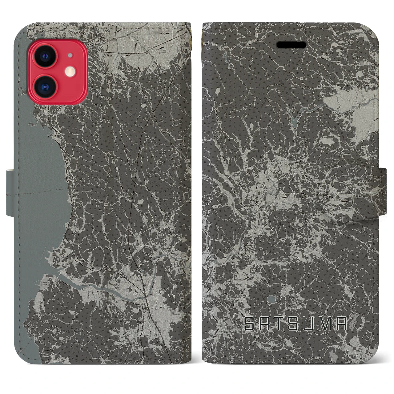 【さつま(鹿児島県)】地図柄iPhoneケース(手帳タイプ)モノトーン・iPhone 11 用