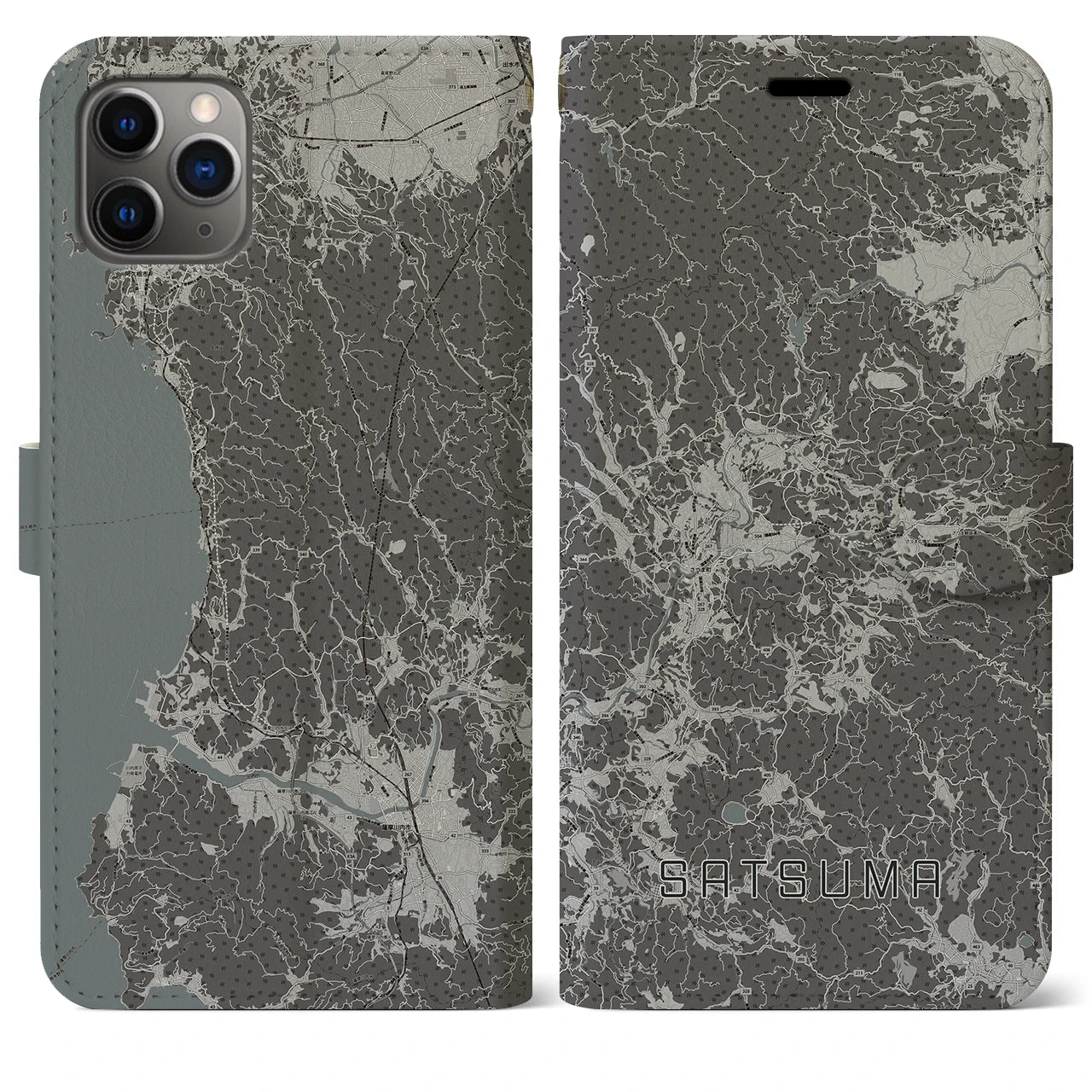 【さつま(鹿児島県)】地図柄iPhoneケース(手帳タイプ)モノトーン・iPhone 11 Pro Max 用