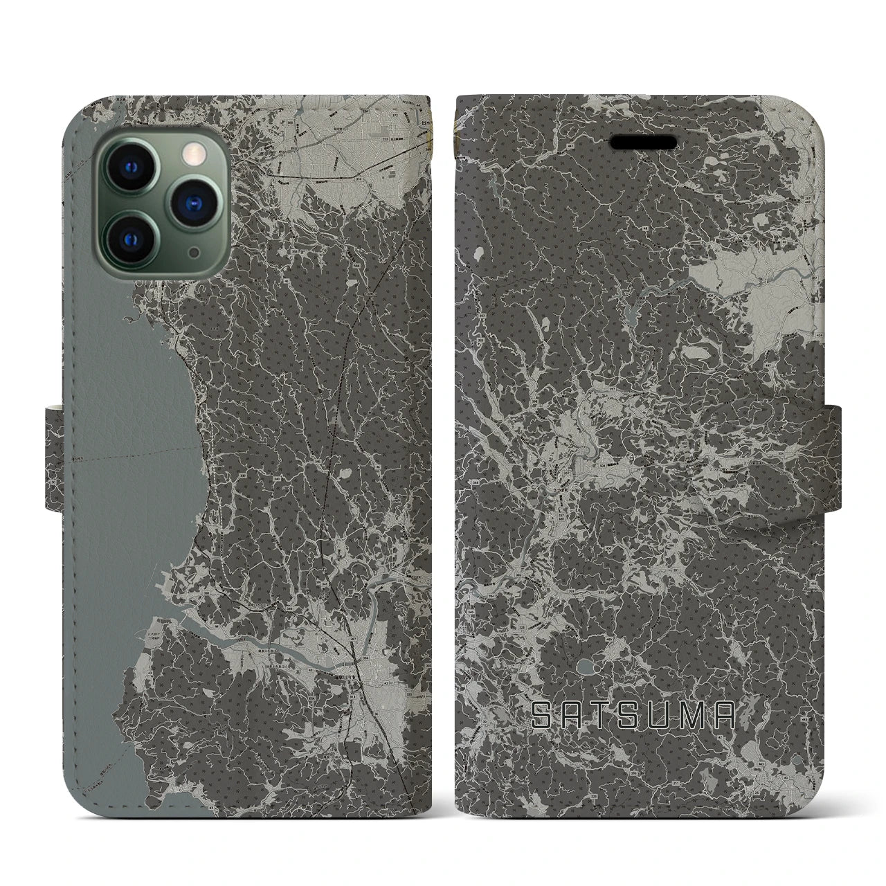 【さつま(鹿児島県)】地図柄iPhoneケース(手帳タイプ)モノトーン・iPhone 11 Pro 用