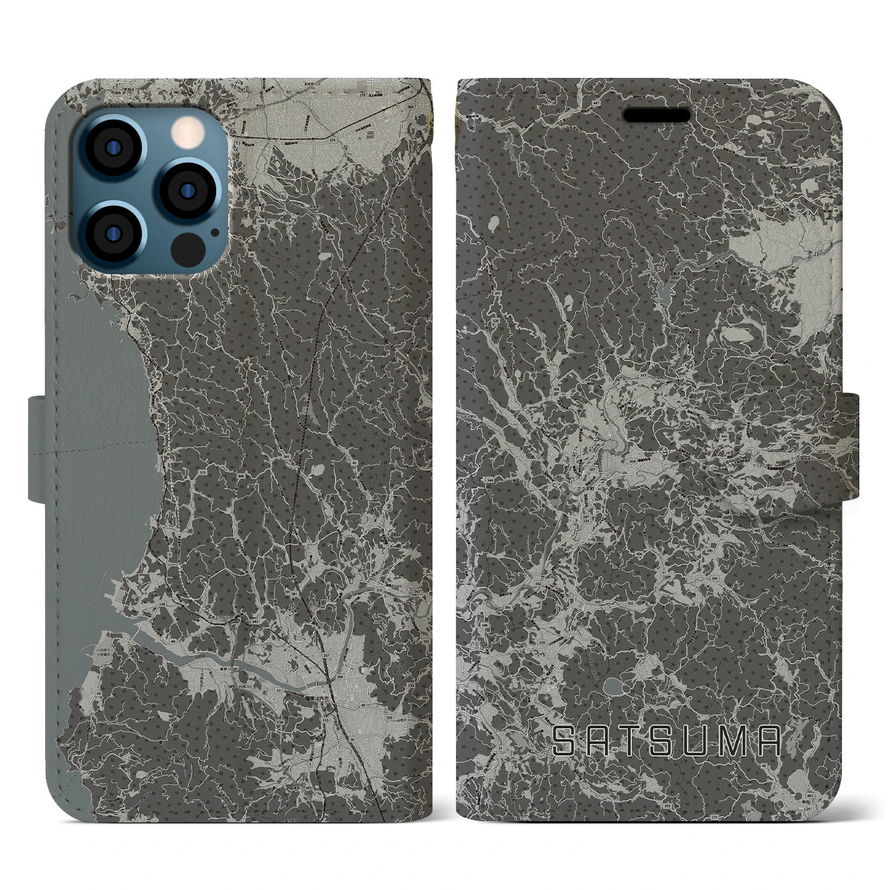 【さつま(鹿児島県)】地図柄iPhoneケース(手帳タイプ)モノトーン・iPhone 12 / 12 Pro 用