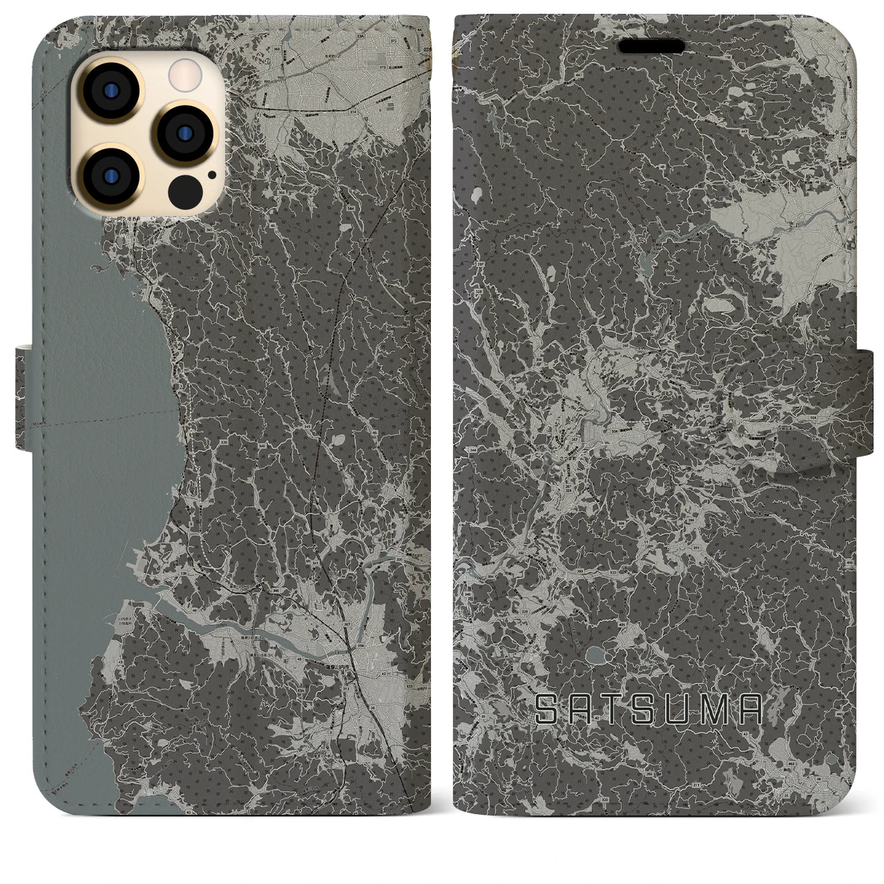 【さつま(鹿児島県)】地図柄iPhoneケース(手帳タイプ)モノトーン・iPhone 12 Pro Max 用