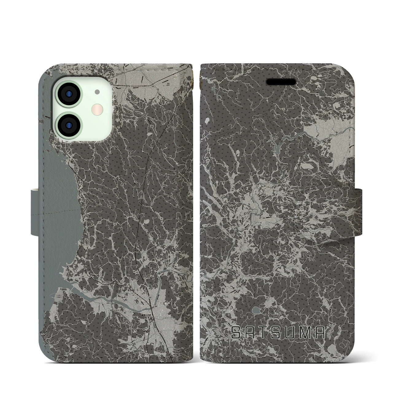 【さつま(鹿児島県)】地図柄iPhoneケース(手帳タイプ)モノトーン・iPhone 12 mini 用