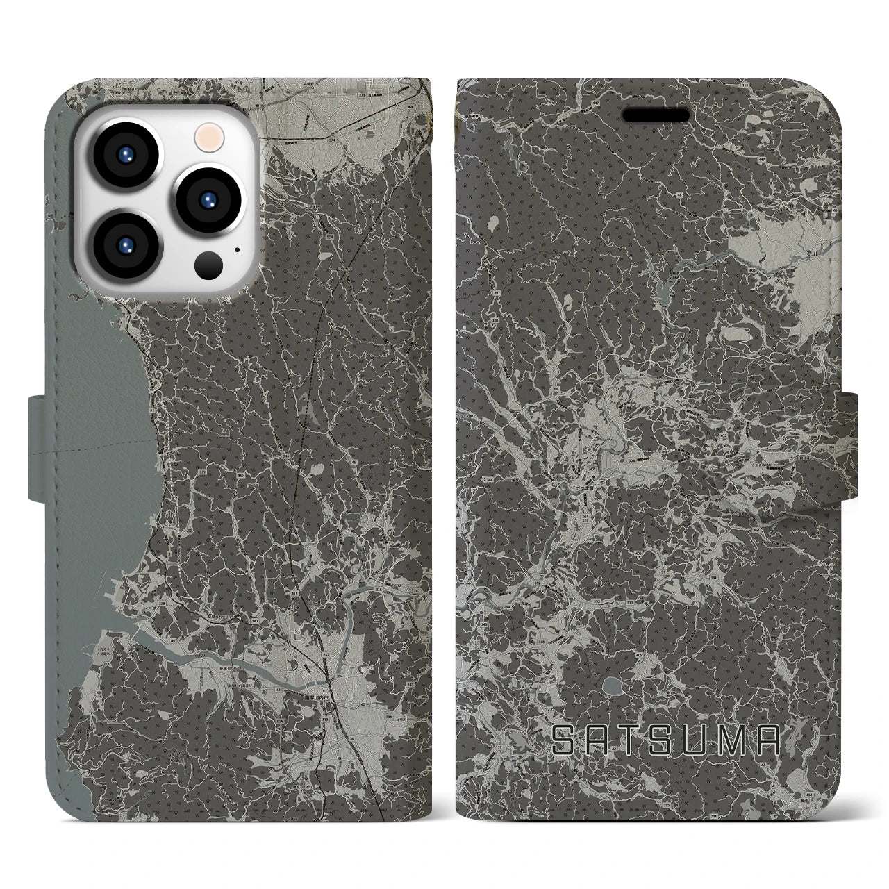 【さつま(鹿児島県)】地図柄iPhoneケース(手帳タイプ)モノトーン・iPhone 13 Pro 用