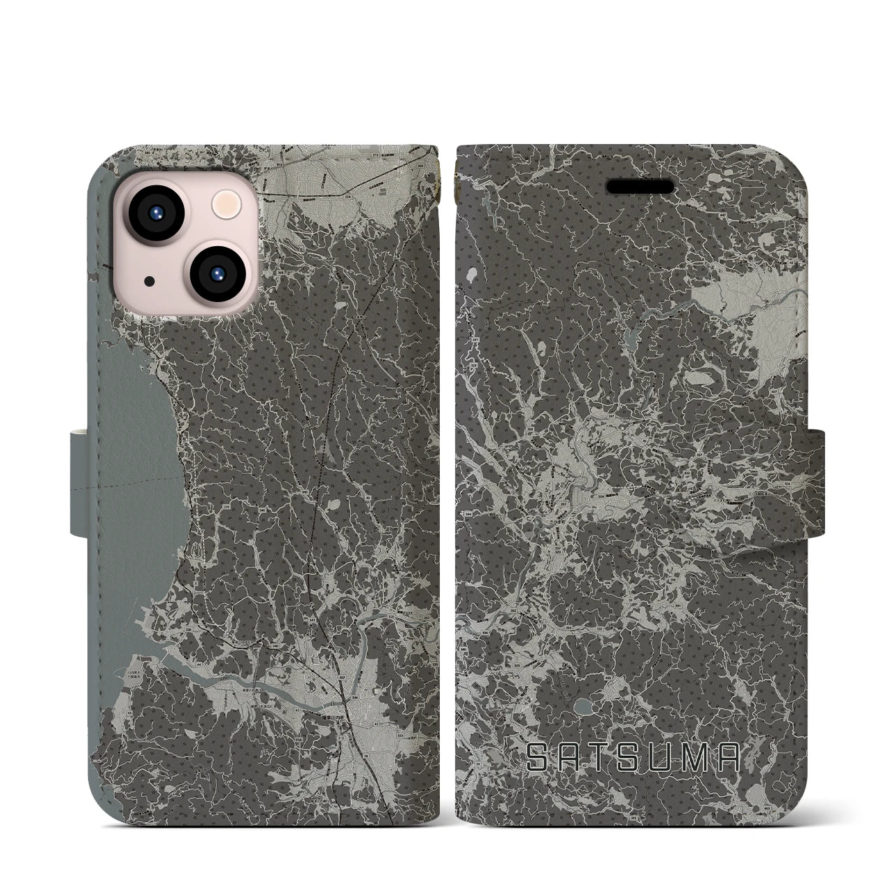 【さつま(鹿児島県)】地図柄iPhoneケース(手帳タイプ)モノトーン・iPhone 13 mini 用