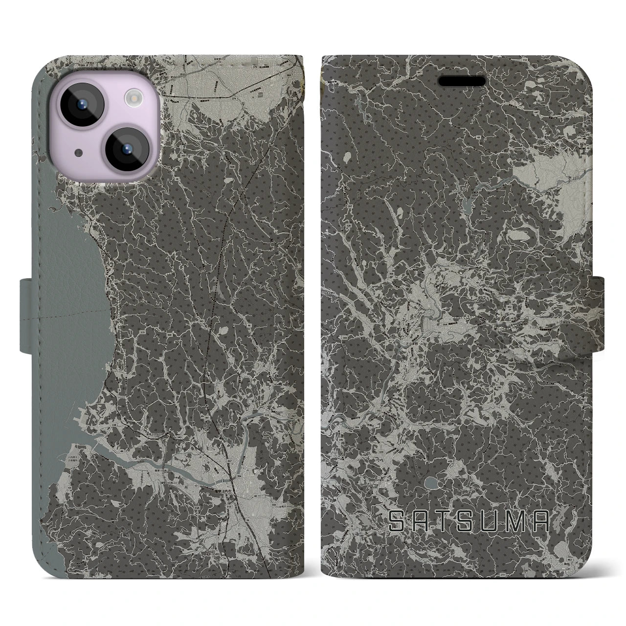 【さつま(鹿児島県)】地図柄iPhoneケース(手帳タイプ)モノトーン・iPhone 14 用