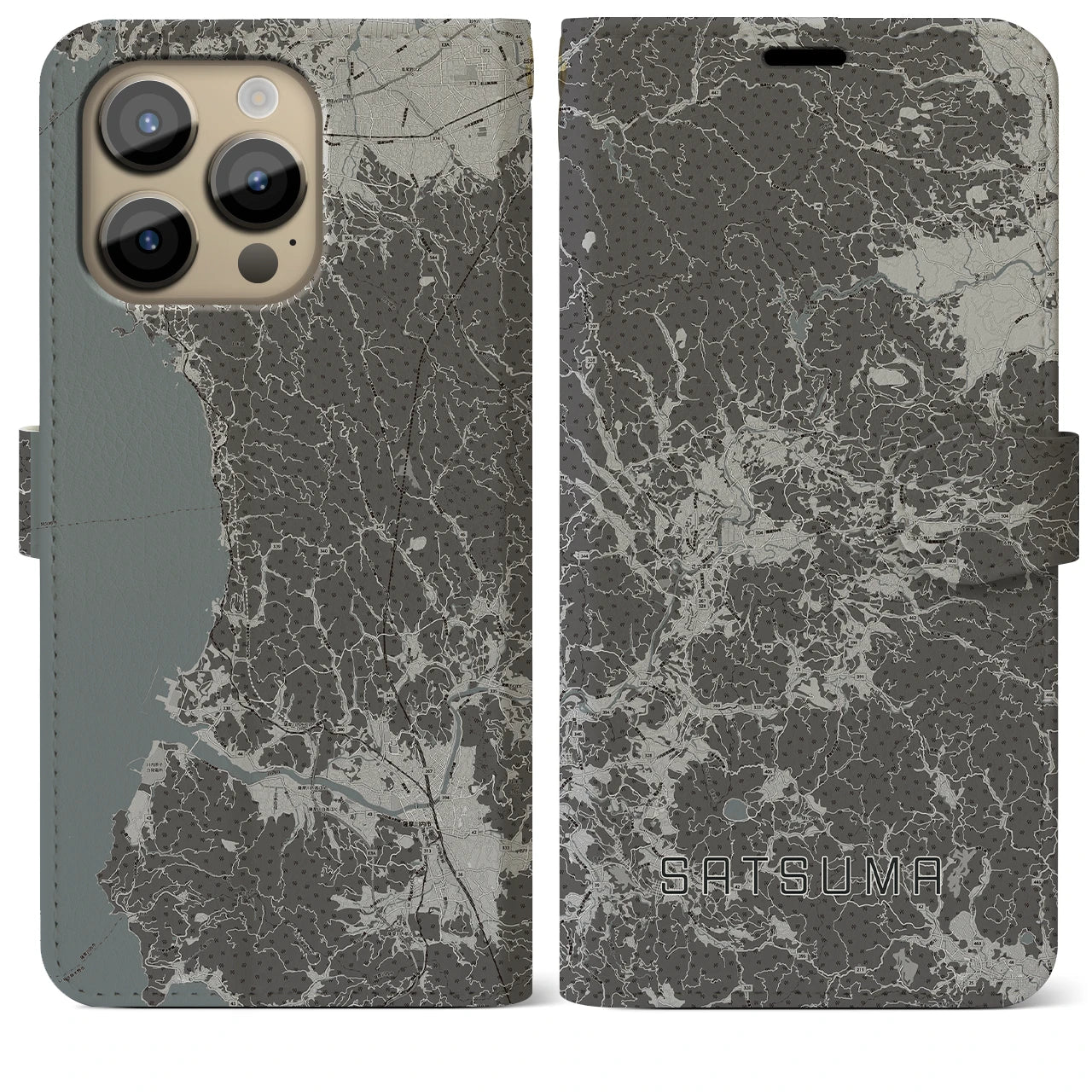 【さつま(鹿児島県)】地図柄iPhoneケース(手帳タイプ)モノトーン・iPhone 14 Pro Max 用