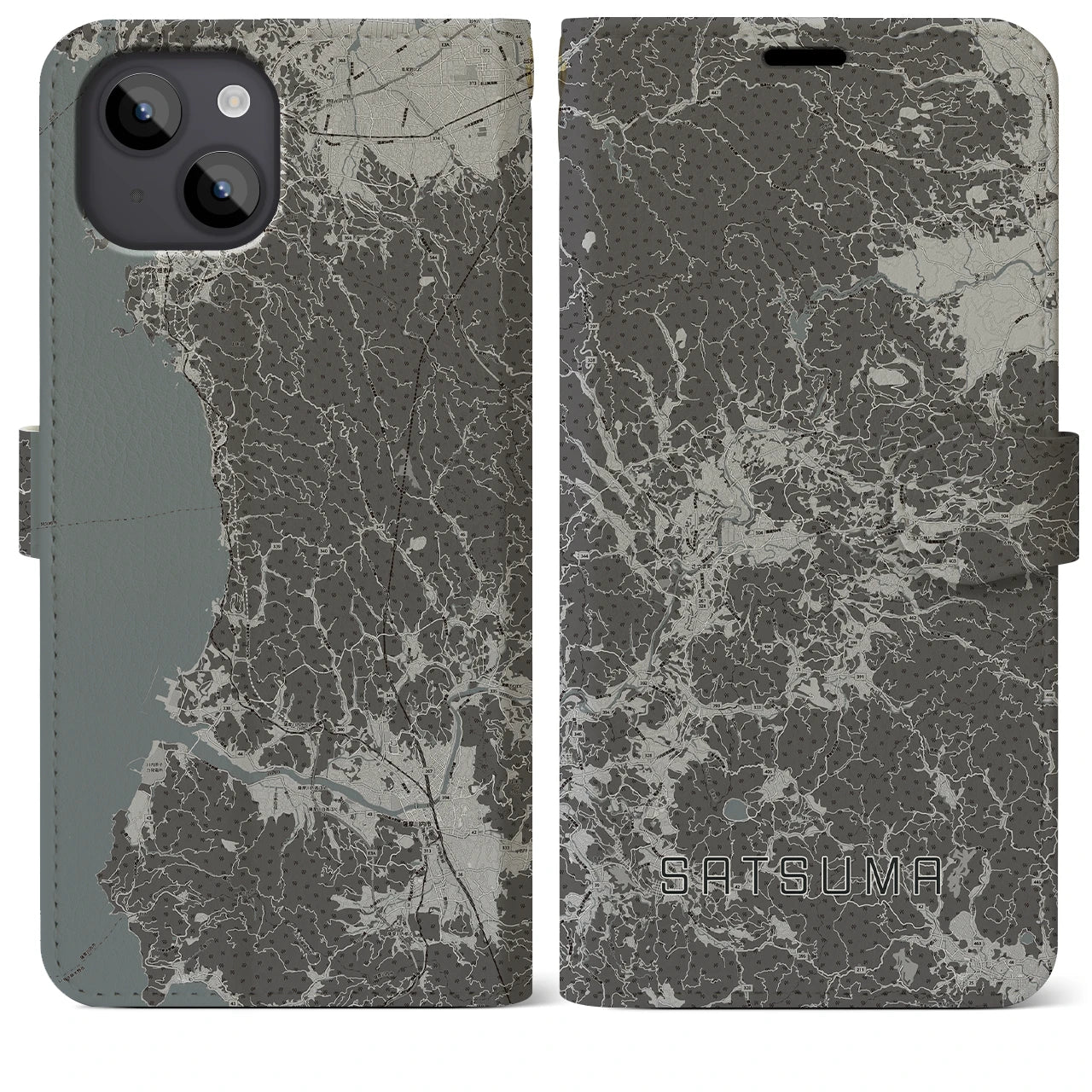 【さつま(鹿児島県)】地図柄iPhoneケース(手帳タイプ)モノトーン・iPhone 14 Plus 用