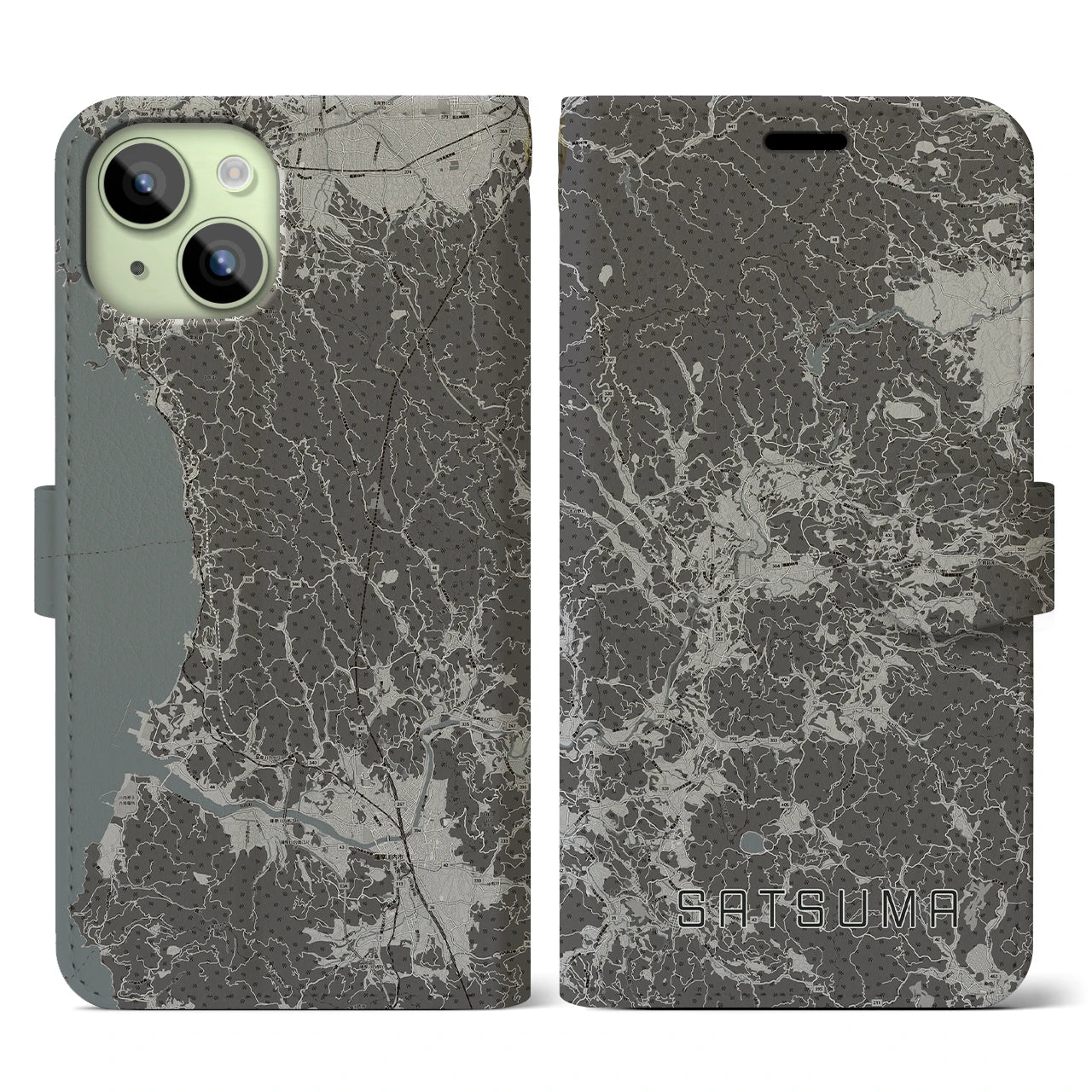 【さつま(鹿児島県)】地図柄iPhoneケース(手帳タイプ)モノトーン・iPhone 15 用