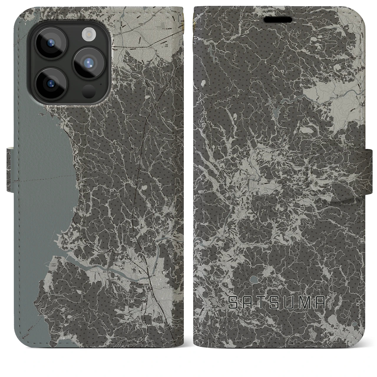 【さつま(鹿児島県)】地図柄iPhoneケース(手帳タイプ)モノトーン・iPhone 15 Pro Max 用