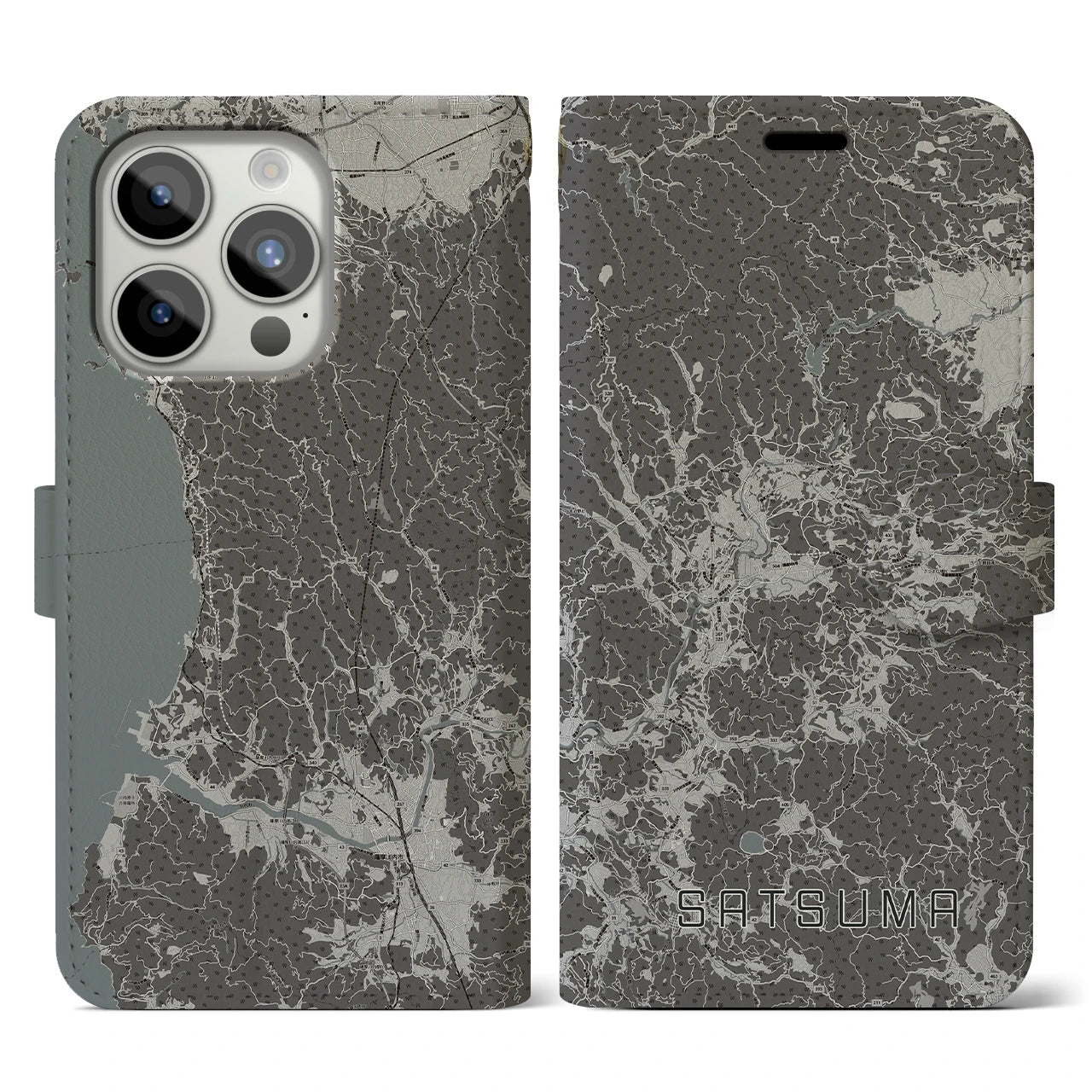 【さつま(鹿児島県)】地図柄iPhoneケース(手帳タイプ)モノトーン・iPhone 15 Pro 用