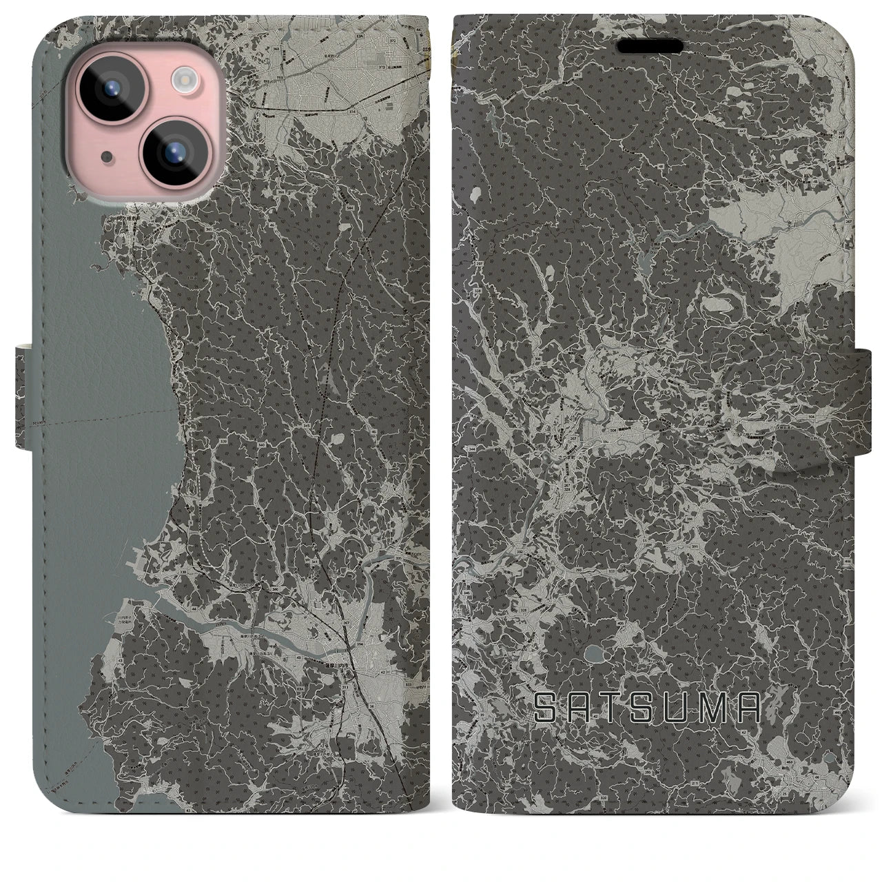 【さつま(鹿児島県)】地図柄iPhoneケース(手帳タイプ)モノトーン・iPhone 15 Plus 用