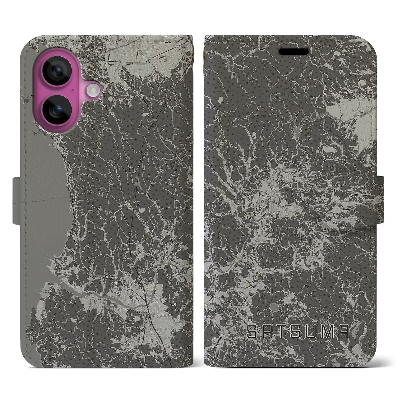 【さつま(鹿児島県)】地図柄iPhoneケース(手帳タイプ)モノトーン・iPhone 16 Pro 用