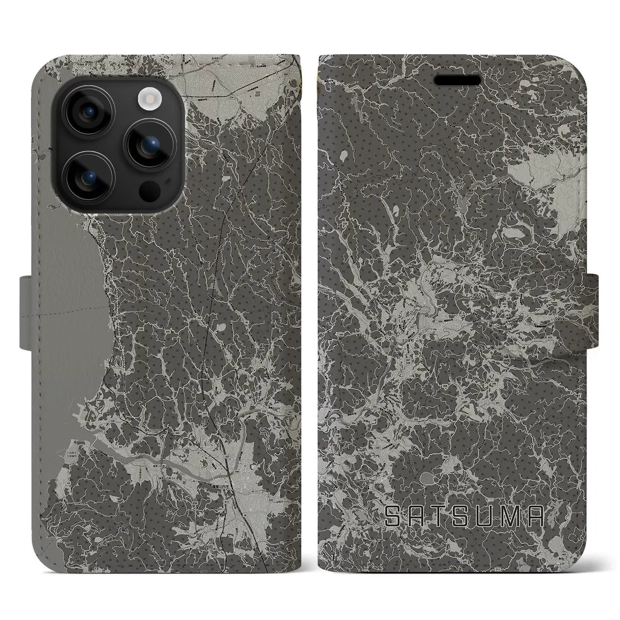 【さつま(鹿児島県)】地図柄iPhoneケース(手帳タイプ)モノトーン・iPhone 16 用
