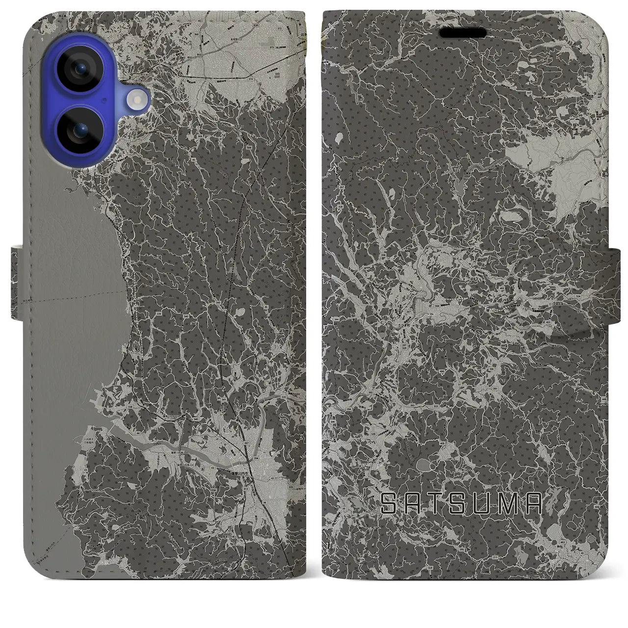 【さつま(鹿児島県)】地図柄iPhoneケース(手帳タイプ)モノトーン・iPhone 16 Pro Max 用